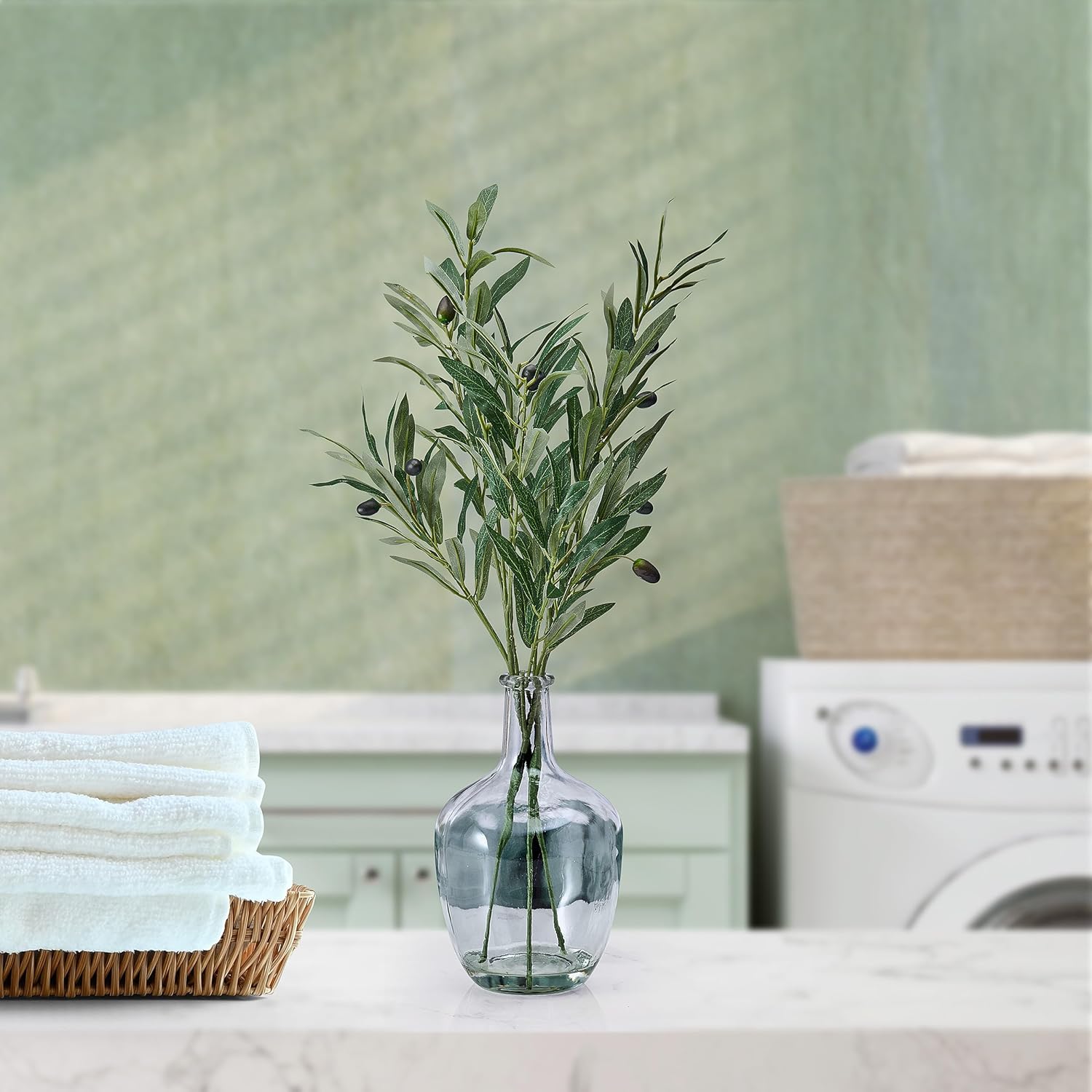Elements Artificial Olive Branch Arrangement in Clear Glass Vase, Realistic Look and Feel