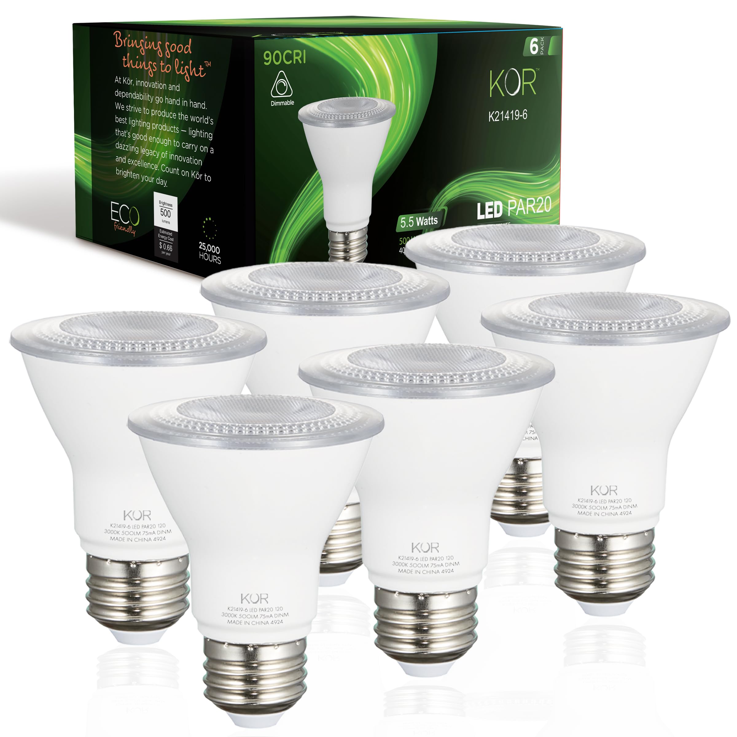 KOR (6 Pack) K21419 - L5.5PAR20/FL/30K - 40° Flood LED 5.5W =50W 120V PAR20 Medium (E26) Dimmable Wet Location Rated 3000K (Warm White)