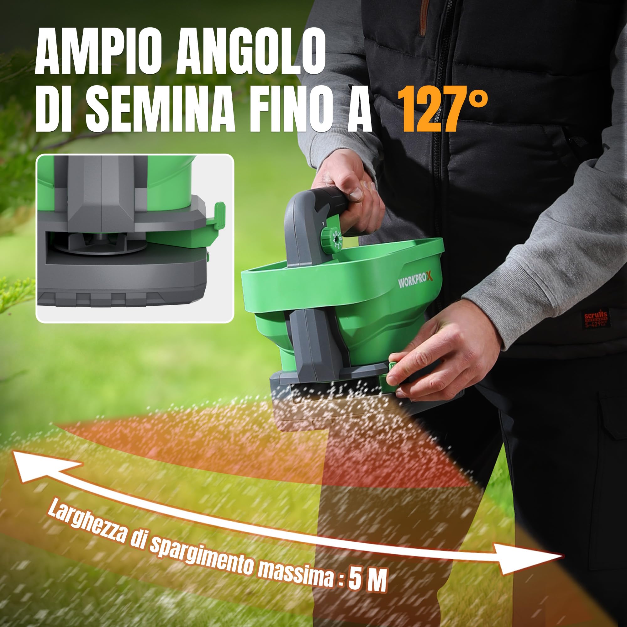 WORKPROX Seminatrice Universale a Batteria da 7,2 V con 8 Flussi, 6 Velocità e Larghezza di Proiezione Regolabile, Seminatrice Prato per Semi, Spargisale Fertilizzanti e Sale Antighiaccio