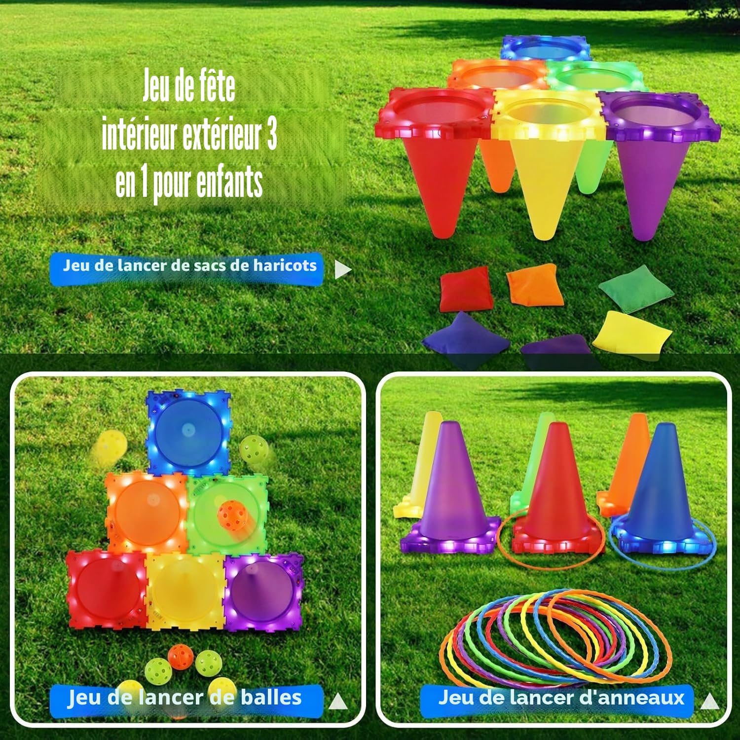 VATOS Jeux Exterieur Enfant Parcours de Motricité - 3 en 1 Jeu de Balle, Anneau et Sac de Haricots Lumineux, Jouets de Jardin, de Carnaval et de fête pour Les Enfants