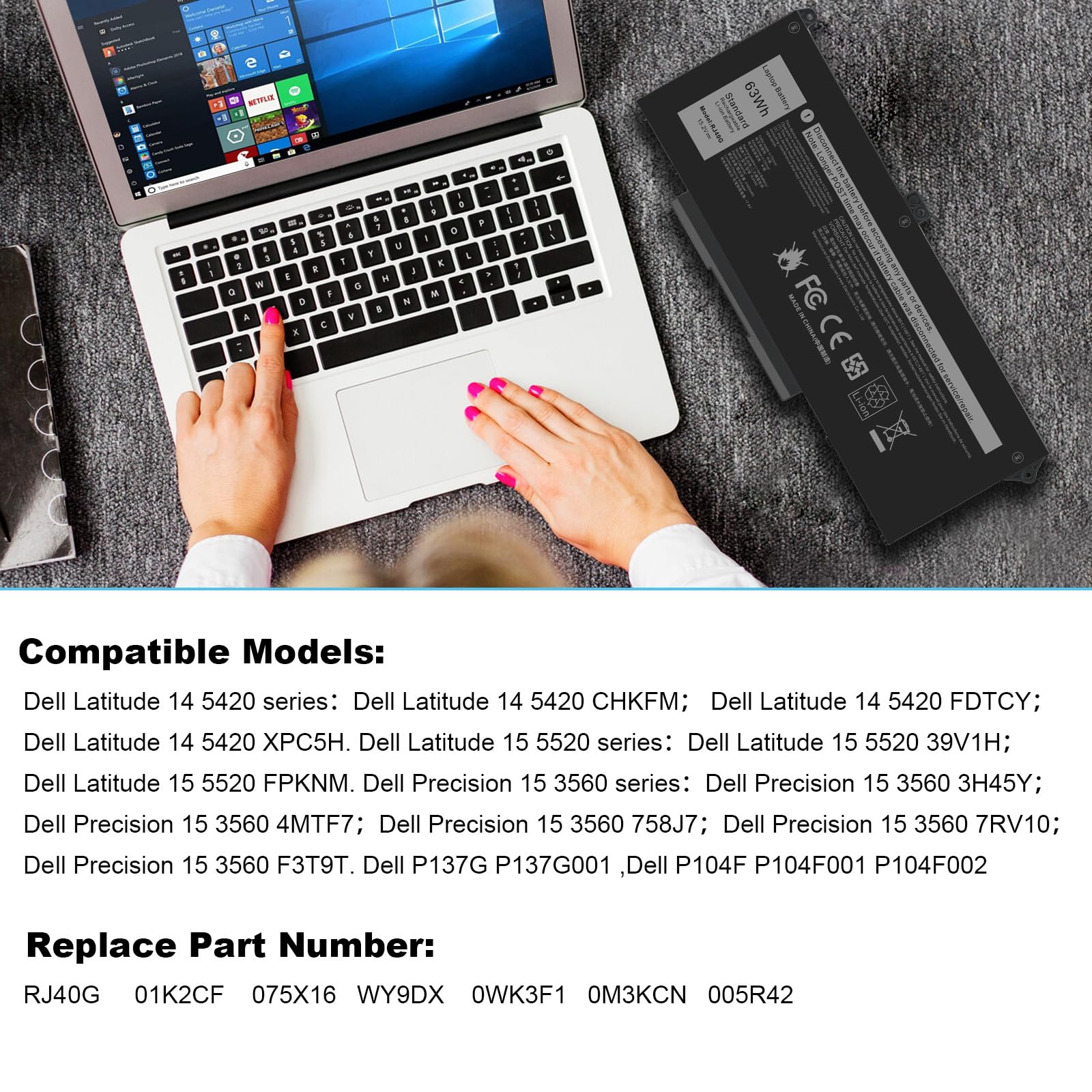 ASUNCELL 15.2V/63Wh RJ40G Batterie d'ordinateur Portable pour Dell Latitude 14 5420 CHKFM FDTCY XPC5H Series, Latitude 15 5520 39V1H FPKNM Series, Precision 15 3560 3H45Y 4MTF7 758J7 7RV10 Series