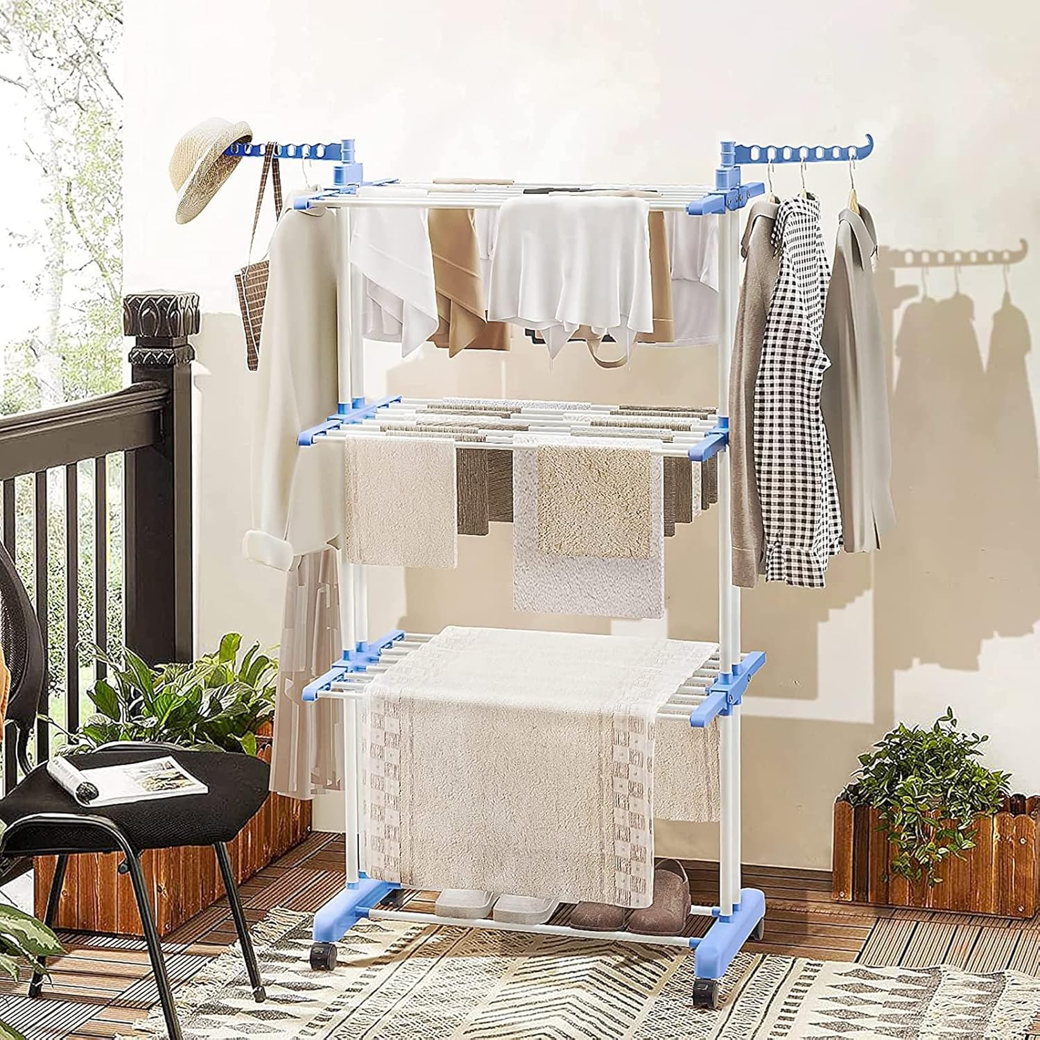 4-Tier Foldable Clothes Drying Rack with Casters, Tall Metal Garment Hanger for Indoor/Outdoor Laundry, Space-Saving Airer in Blue - Perfect for Home Use!