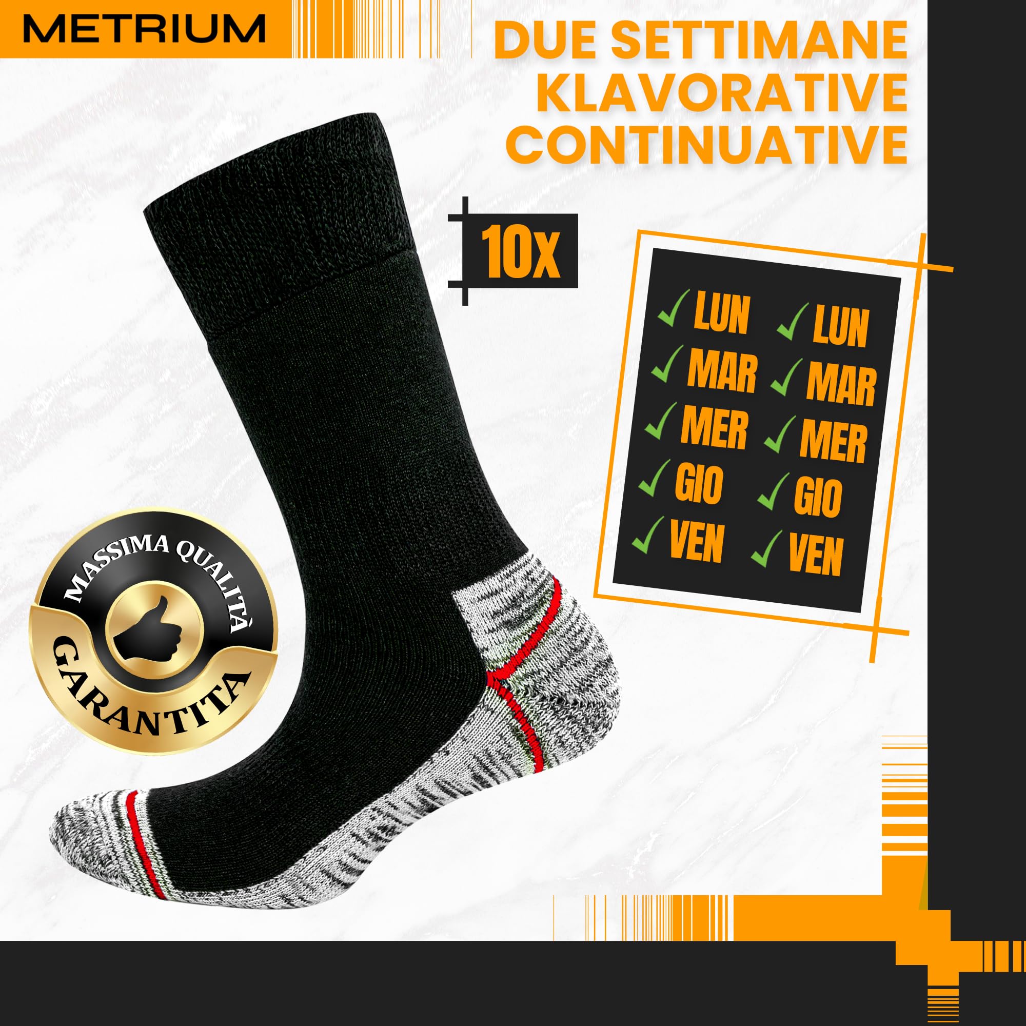 Metrium 10 paia Calze da lavoro lunghe di cotone, resistenti con punta e tallone rinforzati, calze da uomo in spugna. Calze Frottee, Unisex.