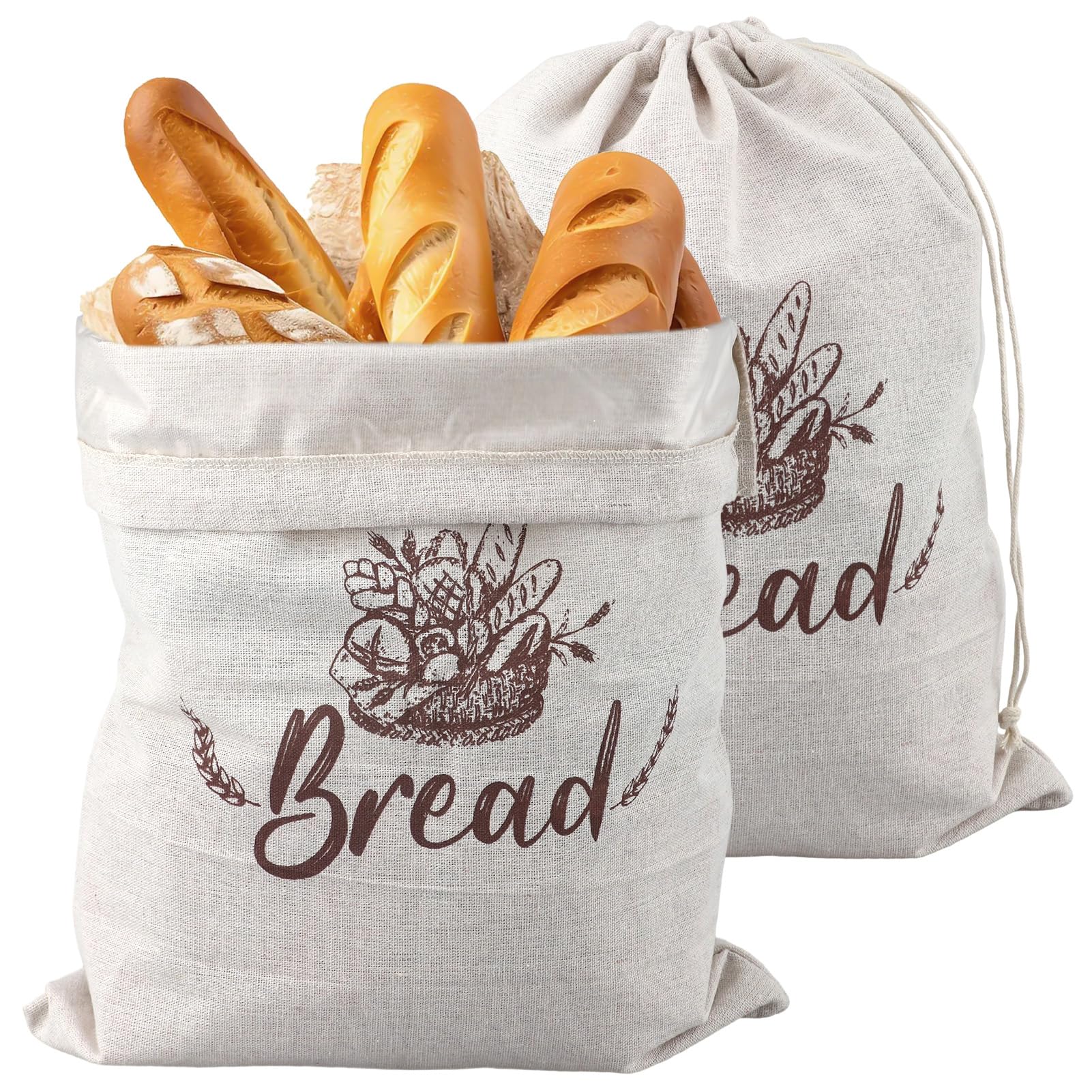 Bread Bags for Homemade Bread 2 Pcs, 43x32cm TPU Lined Reusable Bread Bag with Drawstring to Keep Bread Fresh Linen Food Storage Bag Kitchen Storage Sacks for Fresh Bread