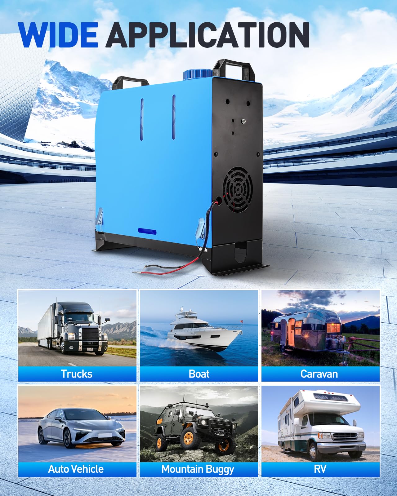 12 V, 5 kW, wielofunkcyjny, jednootworowy, szybki podgrzewacz powietrza na olej napędowy z pilotem, cyfrowym monitorem do garażu, kamperów, pojazdów kempingowych, ciężarówek, przyczep i łodzi (niebi