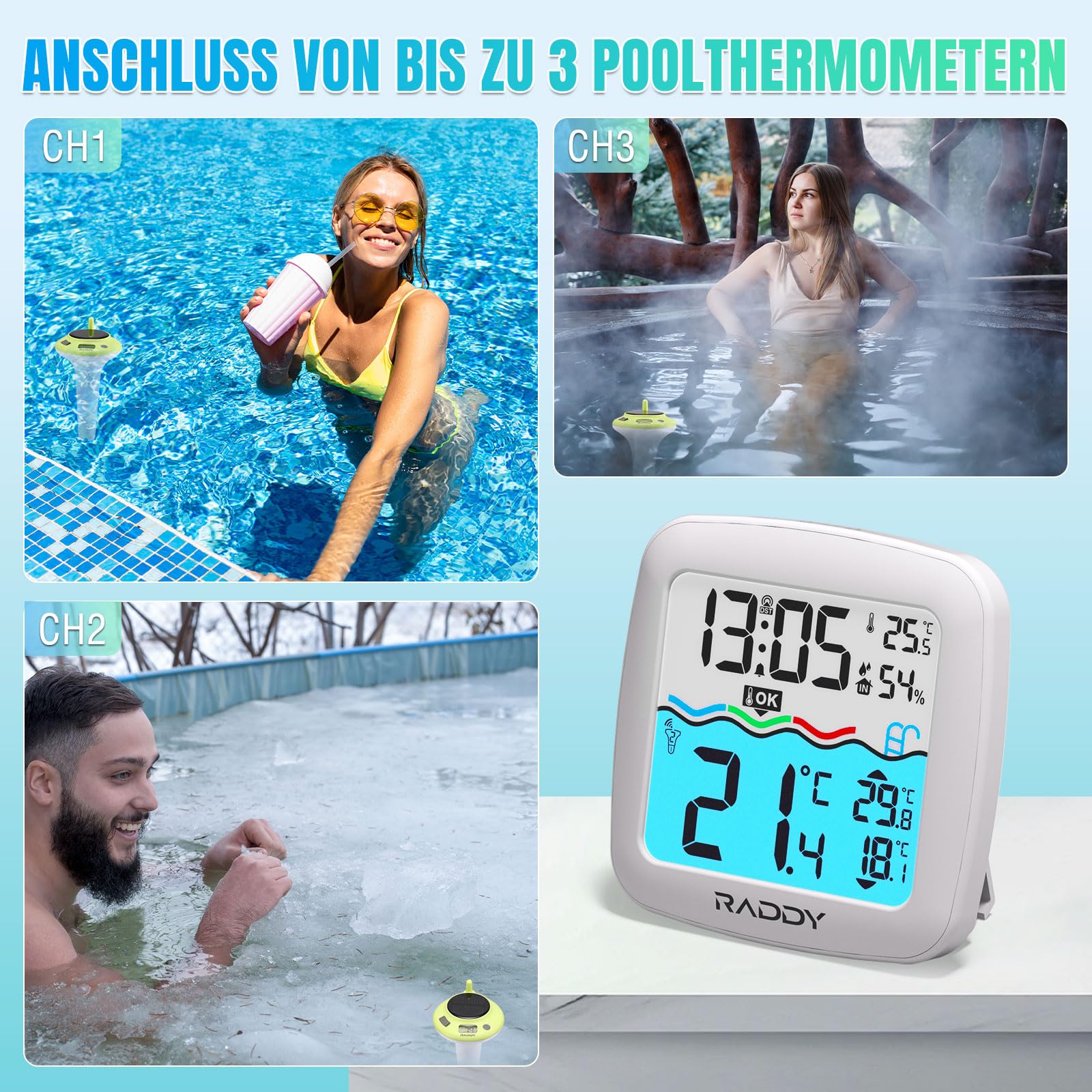 Raddy PT-5 TN Termómetro Inalámbrico para Piscina Flotante, IPX8, Resistente al Agua, Solar y Batería, Termómetro Digital con Temperatura Interior / Exterior y Humedad para Piscina, Jacuzzi, Estanque