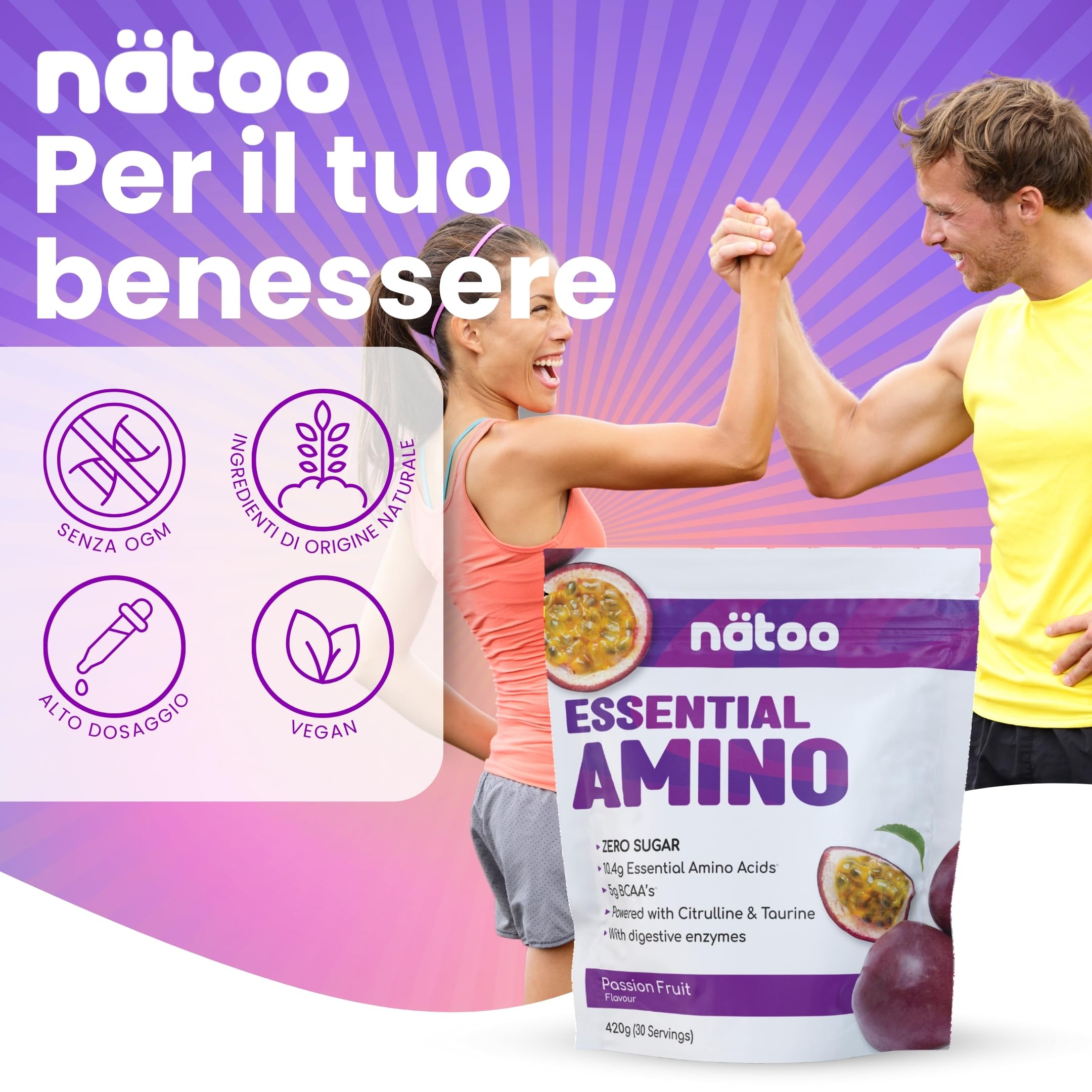 Nätoo Essential Amino Passion Fruit - Aminoacidi Essenziali in Polvere con BCAA, Vitamina C, B6, B12, Glutammina, Bromelina, Taurina, Citrullina - Prestazioni, Recupero al Top - Eaa Senza Zucchero