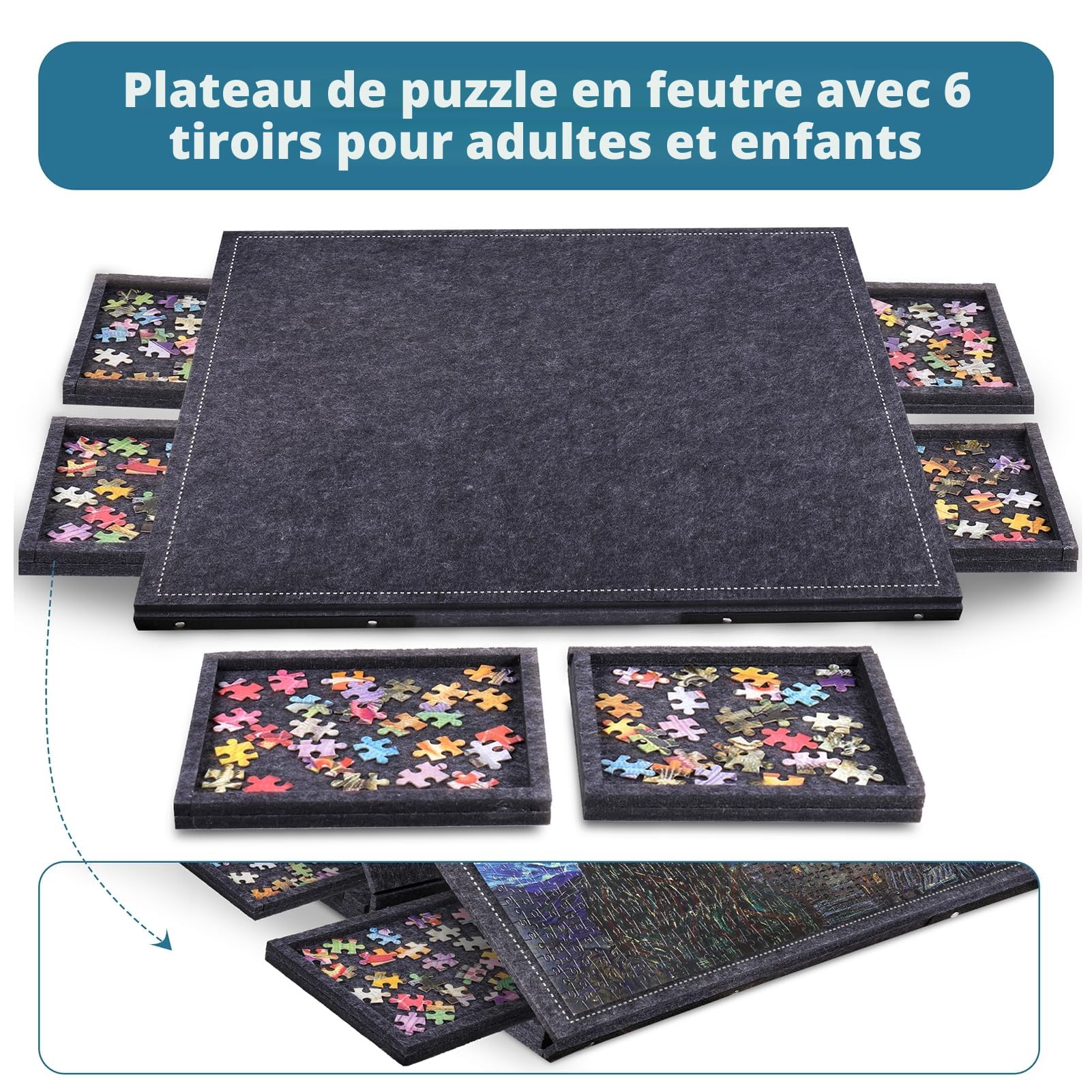 Pllieay Tapis Puzzle Table Plateau de Puzzle avec 6 Tiroirs de Tri, Support Réglable et Couvercle Protecteur pour 1000 Pièces