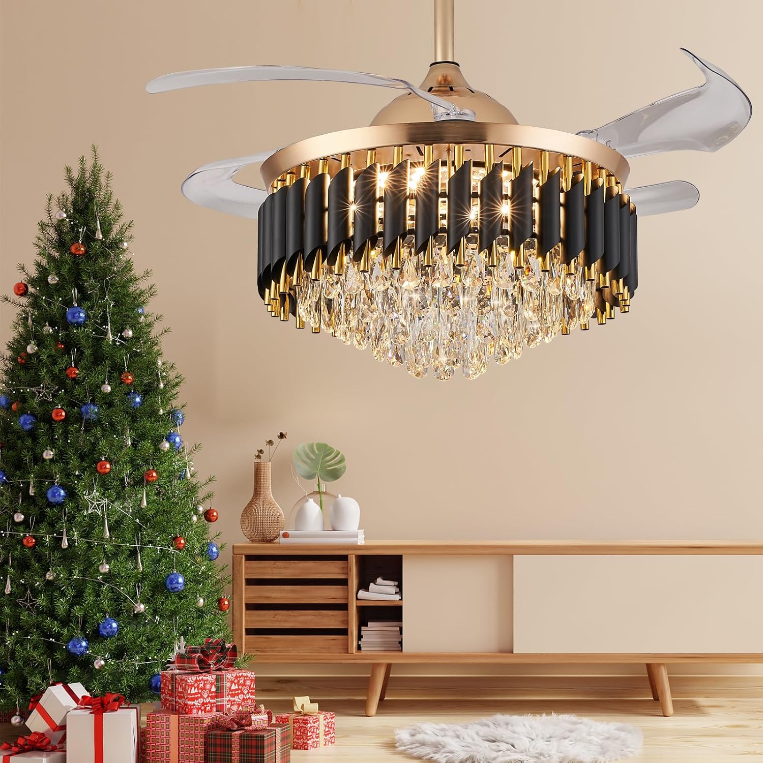 48" Dimmable Black and Gold Crystal Chandelier with Fan, Gold Fandelier Ceiling Fans with Lights and Remote Modern Retractable Blade Ceiling Fans for Dinning Room Living Room Kitchen