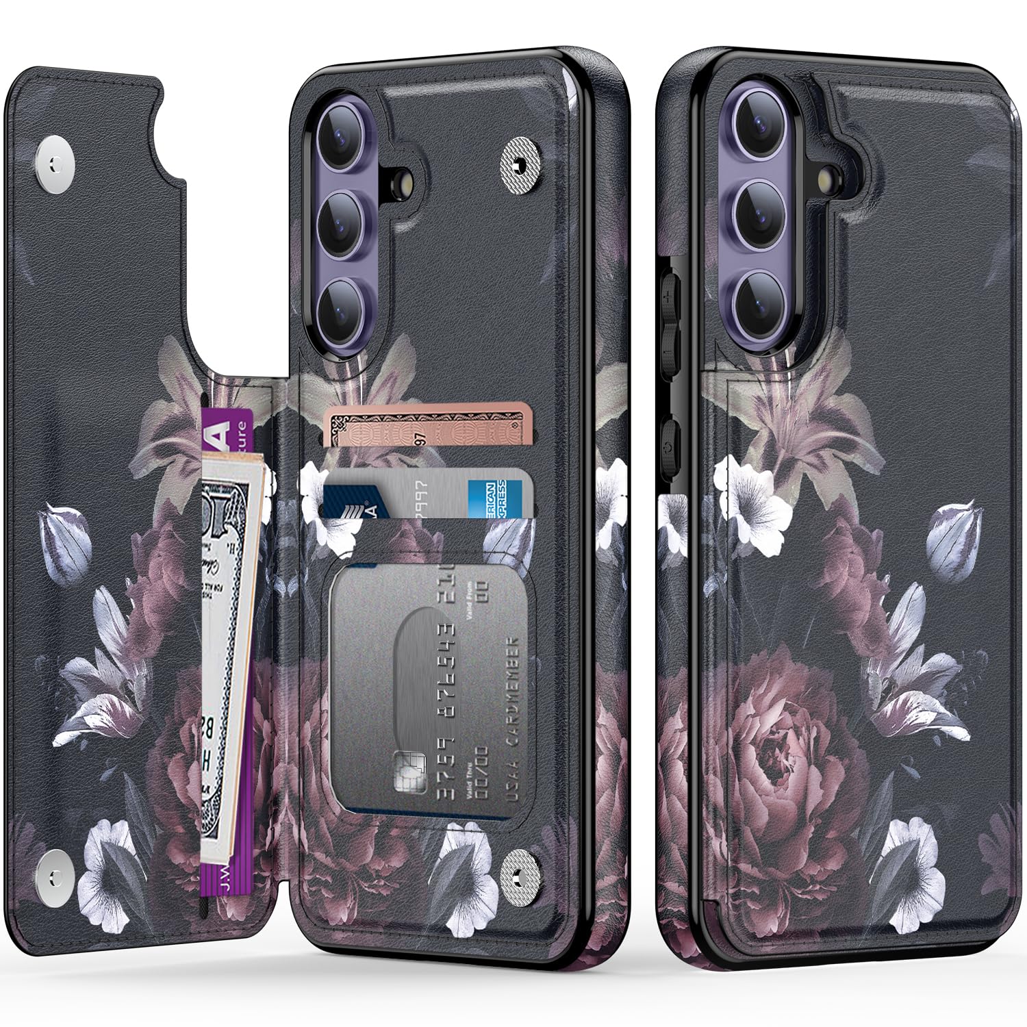 LETO for Samsung Galaxy S25 Plus Wallet Case - Flip Folio Leather Kickstand - Fashionable Flower Designs - Credit Card Holder - Protective Phone Cover