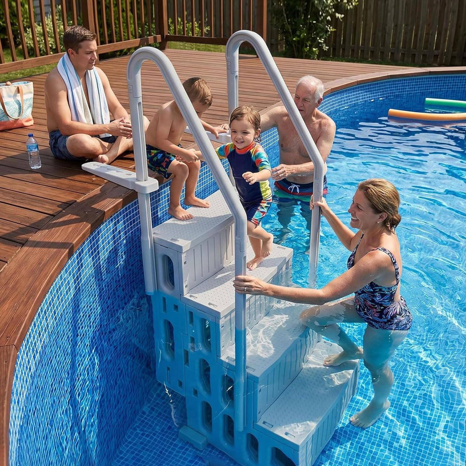 Escalera de piscina resistente sobre el suelo, diseño de 4 escalones con pasamanos duales, soporta 400 libras, ideal para piscinas sobre el suelo y en el suelo