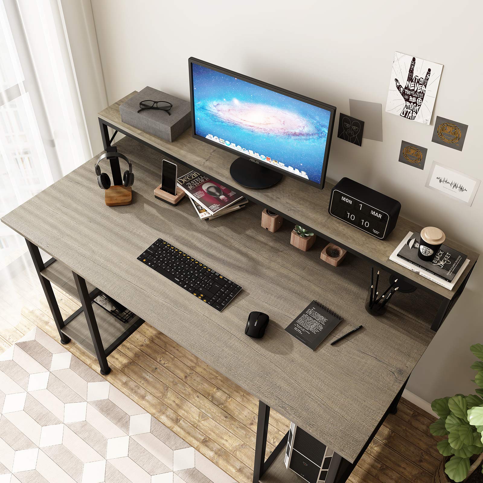 Sedeta 55" Computer Gaming Desk with Hutch and Storage Shelves, Office