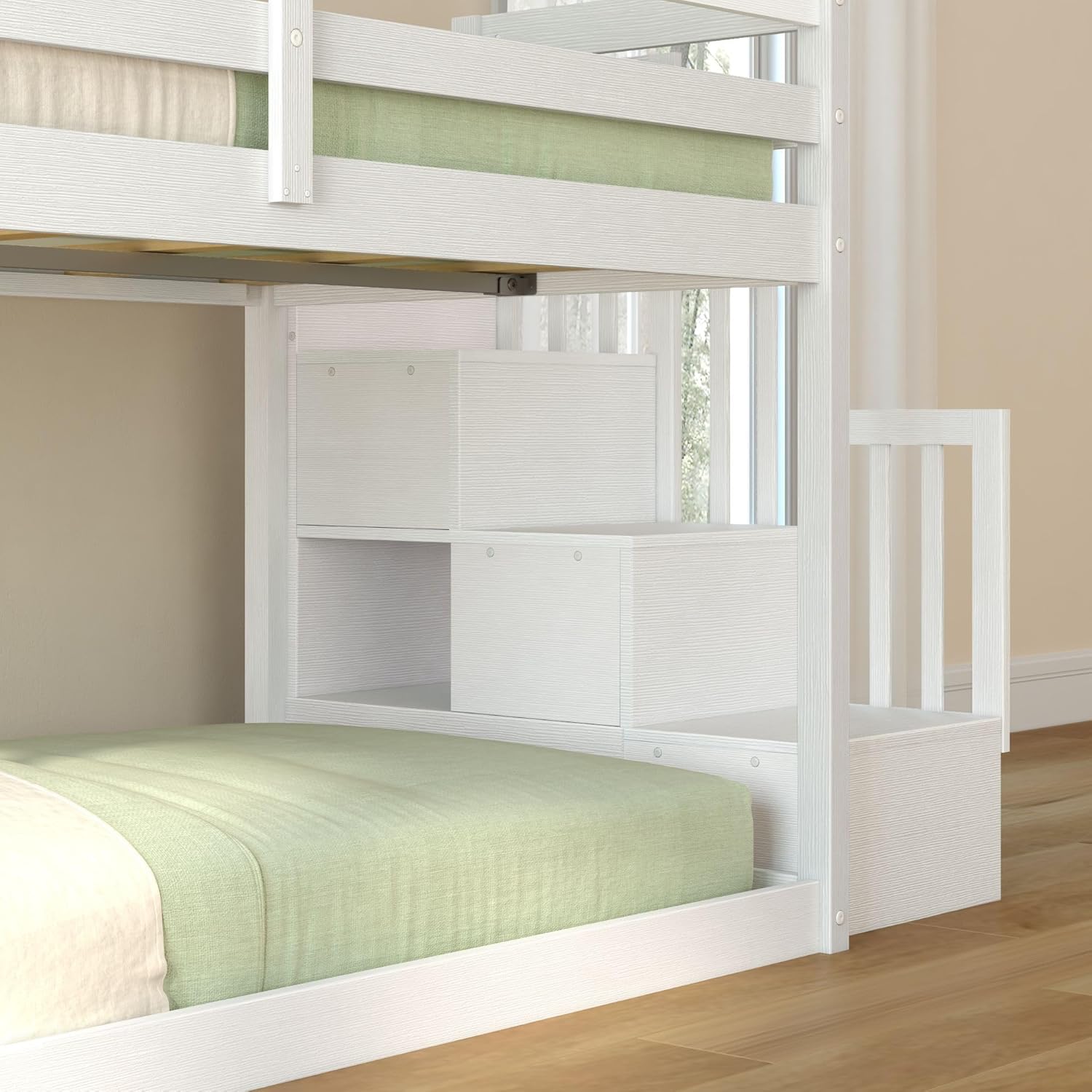 Grain & Grove Bear Twin Over Twin Bunk Bed with Staircase, Low Bunk Bed Frame for Kids, Bunk with Ladder, Guardrail, and Slats, No Box Spring Required, Brushed White