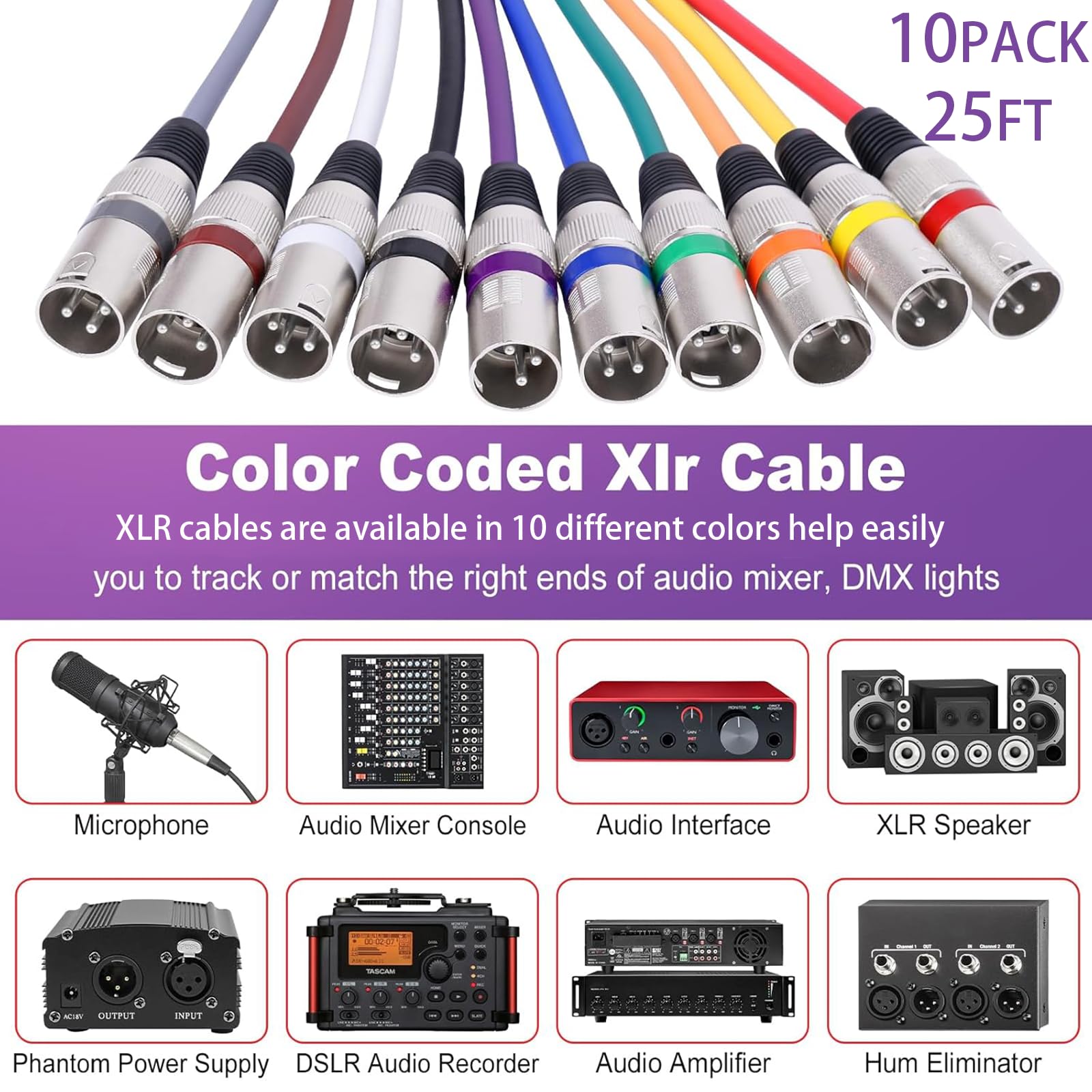 Cable XLR multicolor, 6 cables de micrófono XLR de 15 pies de nailon trenzado macho a hembra, cables de audio XLR equilibrados de 3 pines, botas de color, cable de micrófono XLR para escenario en
