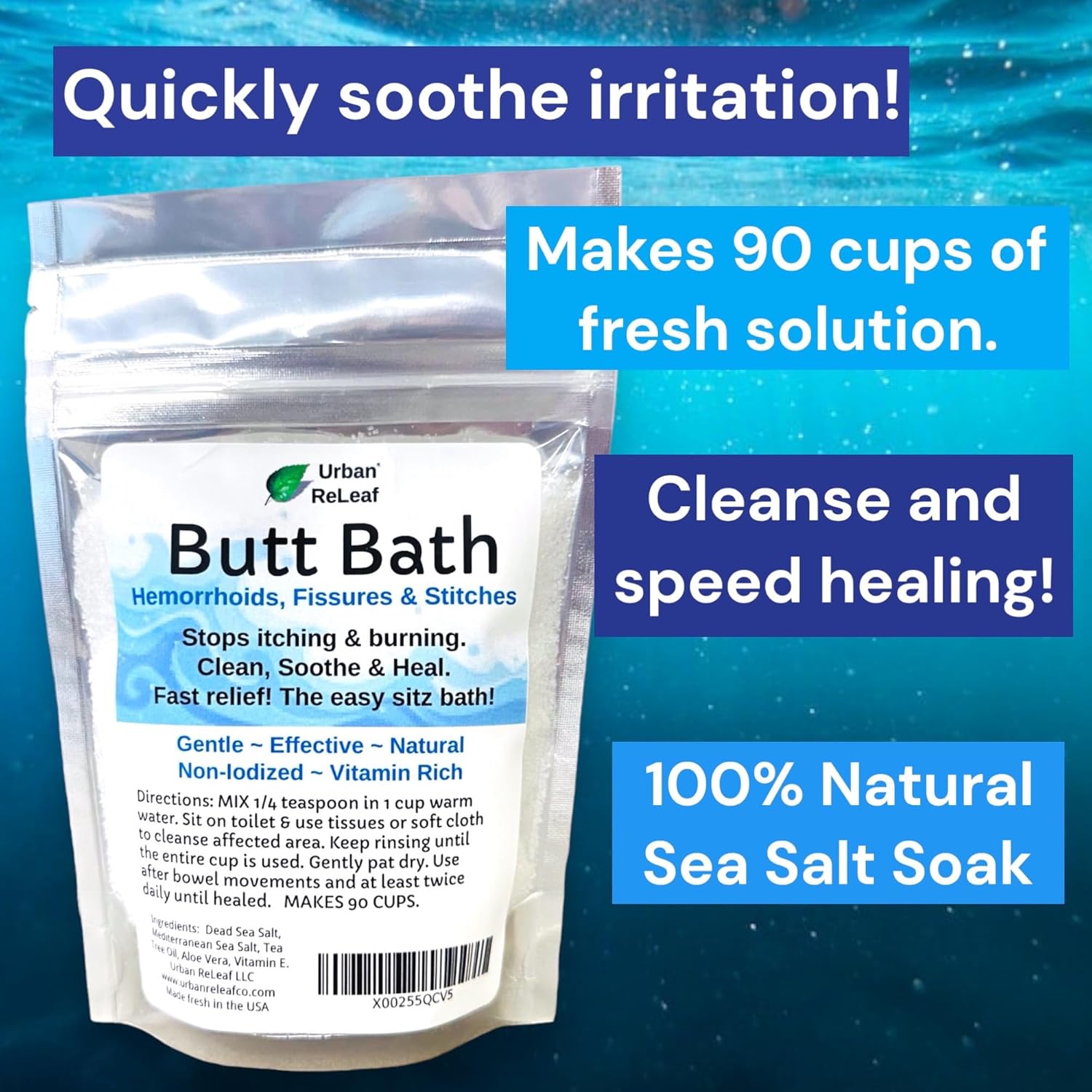 Urban ReLeaf Butt Bath 6 oz. Bag! Hemorrhoids, Fissures & Stitches. Helps itching & Burning. Clean, Soothe & Calm. The Easy Sitz Bath! Fresh & Warm, Sea Salt Soak. Gentle Relief, 100% Natural - Image 2