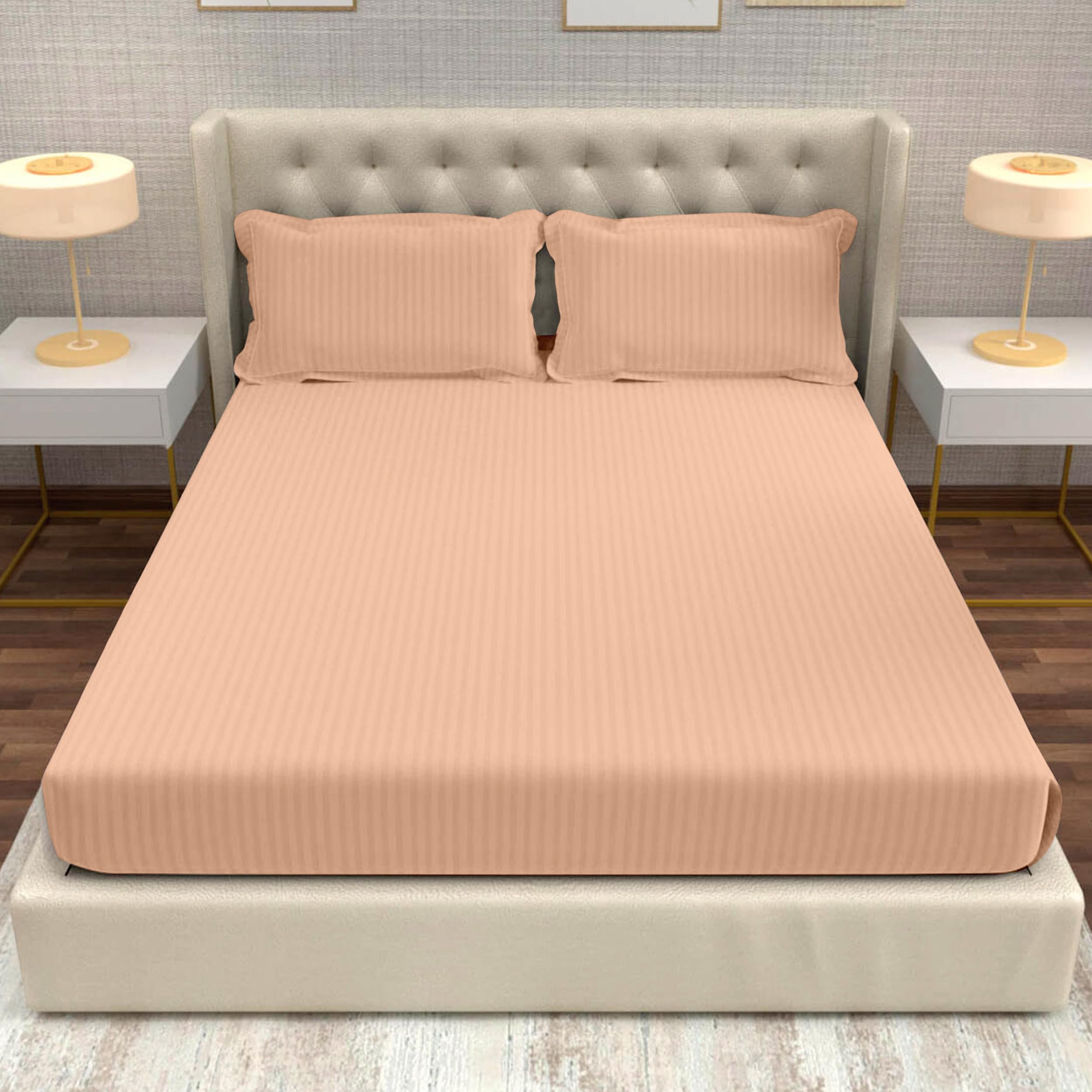 Divine Casa 100% Cotton 210 TC King Size Bedsheet Italian Stripe | Soft Breathable Bed Sheet with 2 Pillow Covers | Luxury Stripe Bedding Set for King Size Bed | 275 x 275 cm (Peach, Striped)