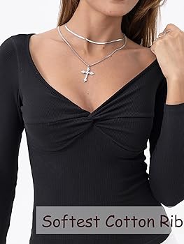 トップス v neck shirt detail long cuffs sweat 10 Women's Long Sleeve V Neck T Shirts Double Lined Crop Top