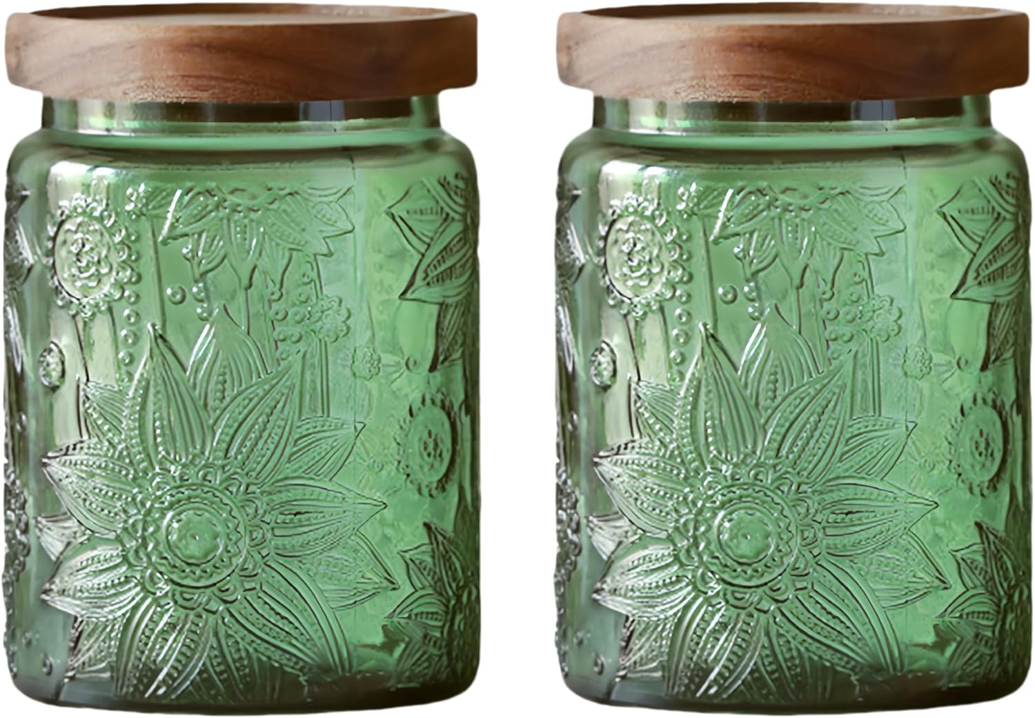 Set of 2 Vintage Glass Jars, Green Glass Storage Jars with Solid Wood Lids (23.7 oz) for Kitchen, Pantry, Candy, Flour, Oatmeal, Coffee Beans, Pet Food, Laundry Detergent, Cute Jar (Green, 2 Pack) Green 2 23.7 Ounces