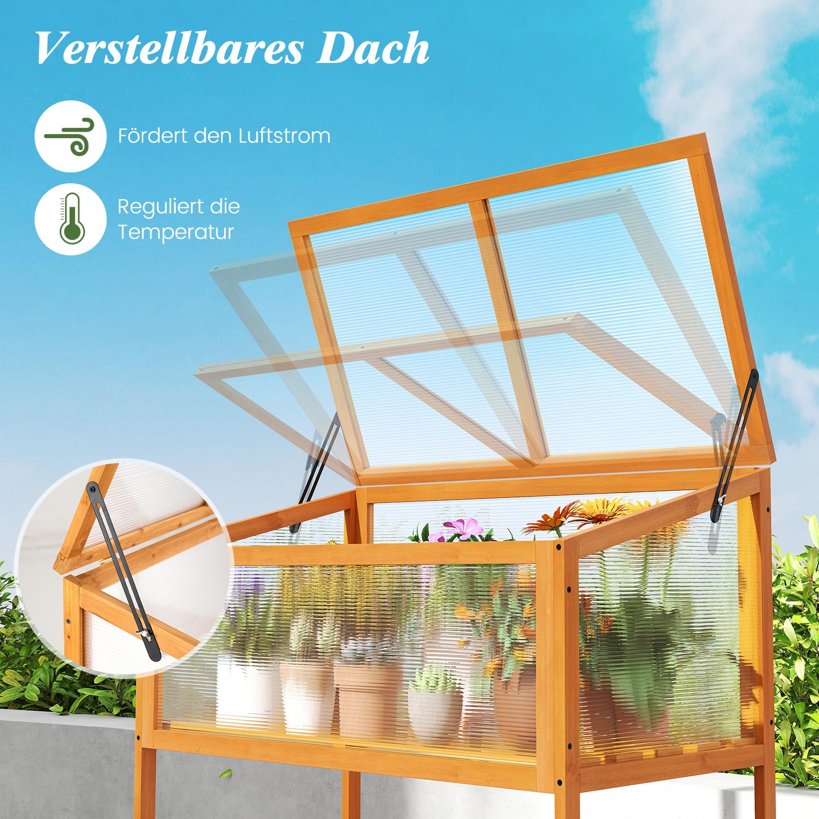 COSTWAY Drewniana nakładka na inspekt, z pokrywą i półką, odporna na warunki atmosferyczne, szklarnia do ogrodu, ogrodu zimowego i na balkon, 90 x 50,5 x 105 cm