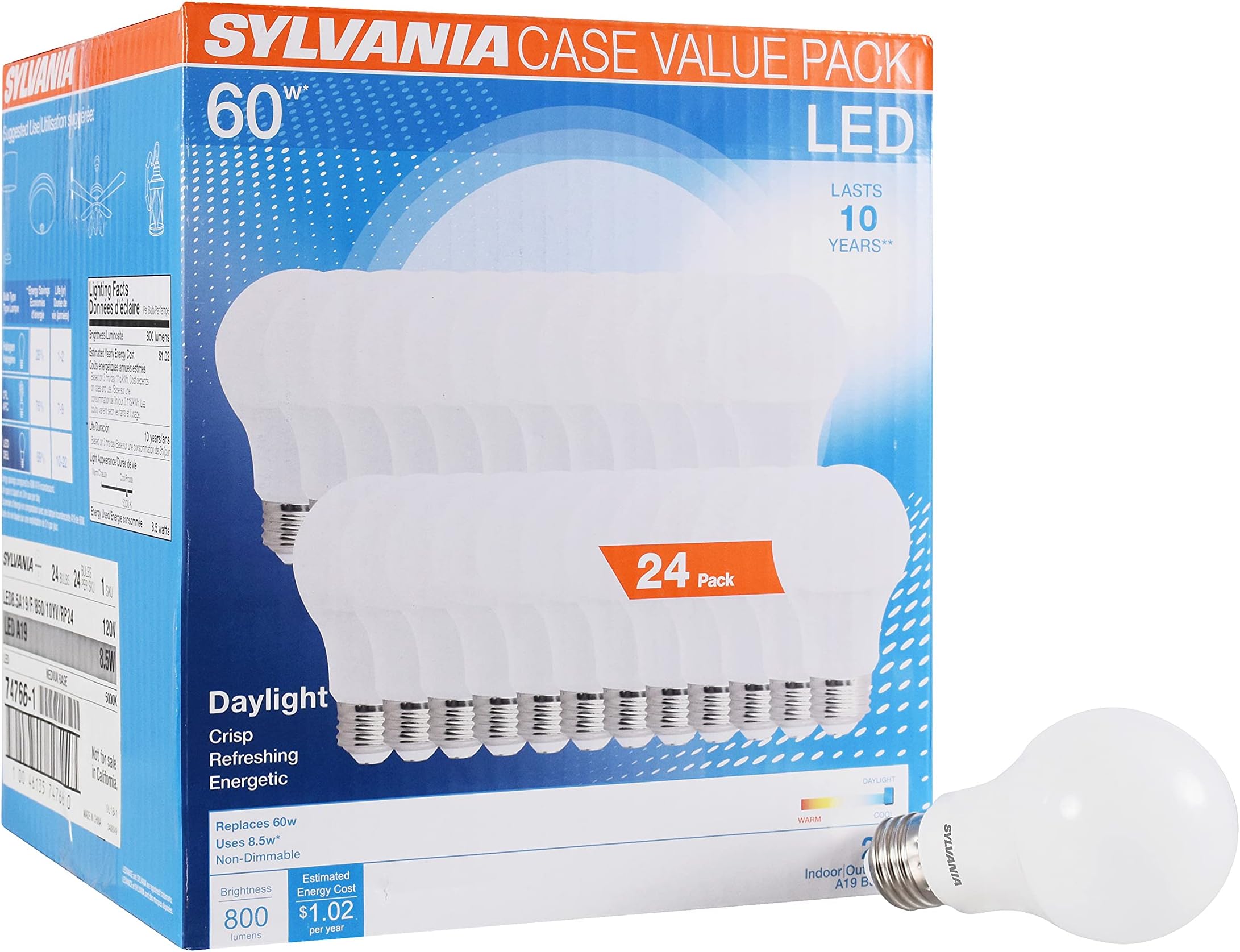 LEDVANCESylvania 60W Equivalent, LED Light Bulb, A19 Lamp, Efficient 8.5W, Bright White 5000K, 24 Pack