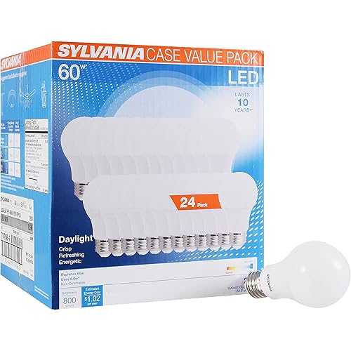 SYLVANIA LED A19 Light Bulb, 60W Equivalent, Efficient 8.5, 10 Year, W, 5000K, 800 Lumens, Frosted, Daylight - 24 Count (Pack of 1)
