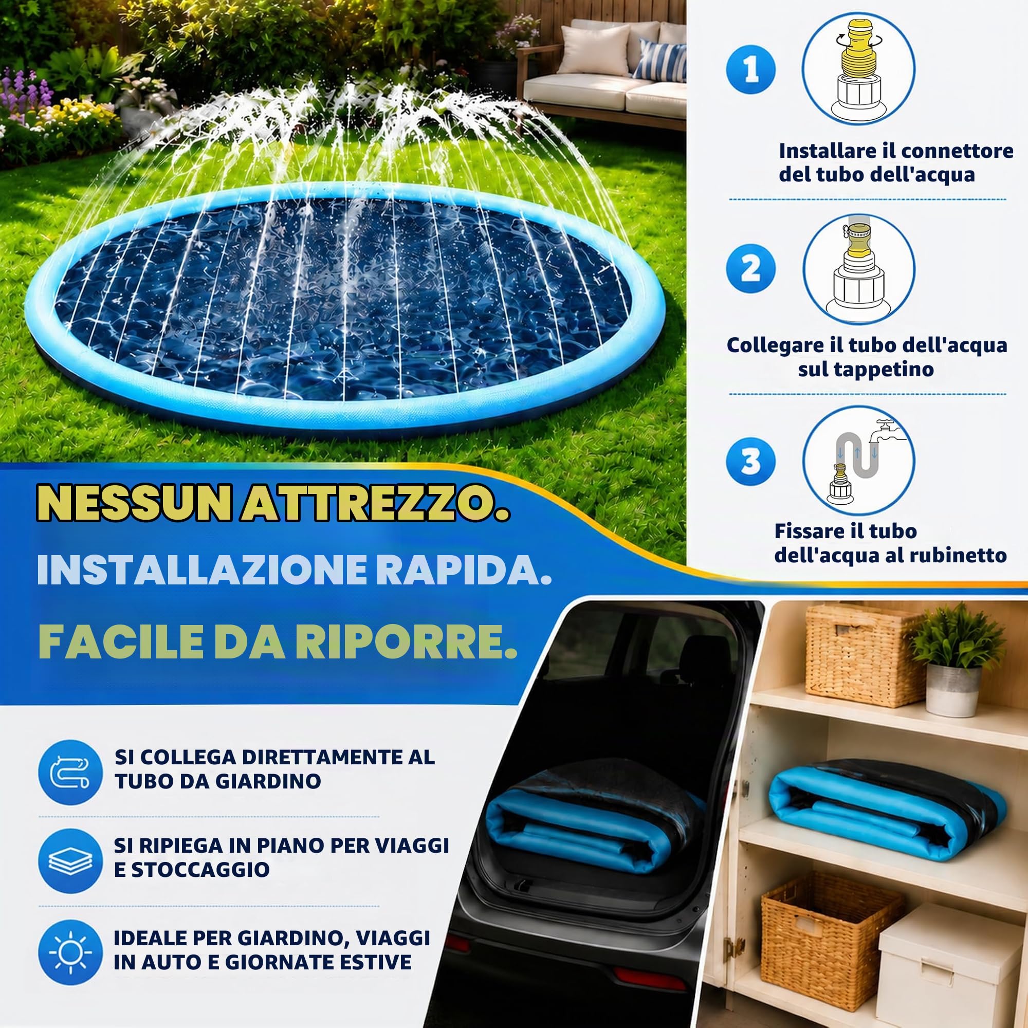 Piscina per Cani 170cm Antiscivolo con Spruzzi Regolabili | Tappeto Acqua Gioco Bambini e Cani, Splash Pad da Giardino Resistente per Cortile e Outdoor Estivo, Facile da Pulire