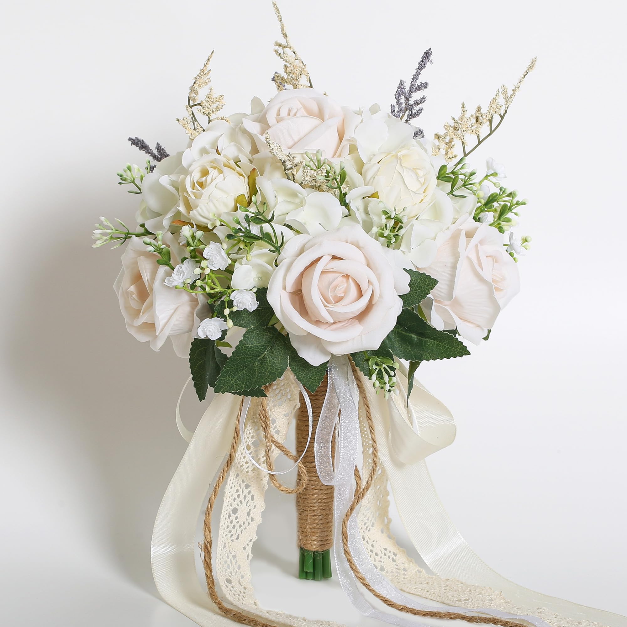 Wedding Bouquets for Bride Bridesmaid, White Champagne Artificial Roses Flowers with Ribbon Bow for Wedding Prom Church Decoration, Ceremony, Anniversary EZsenses (8in)