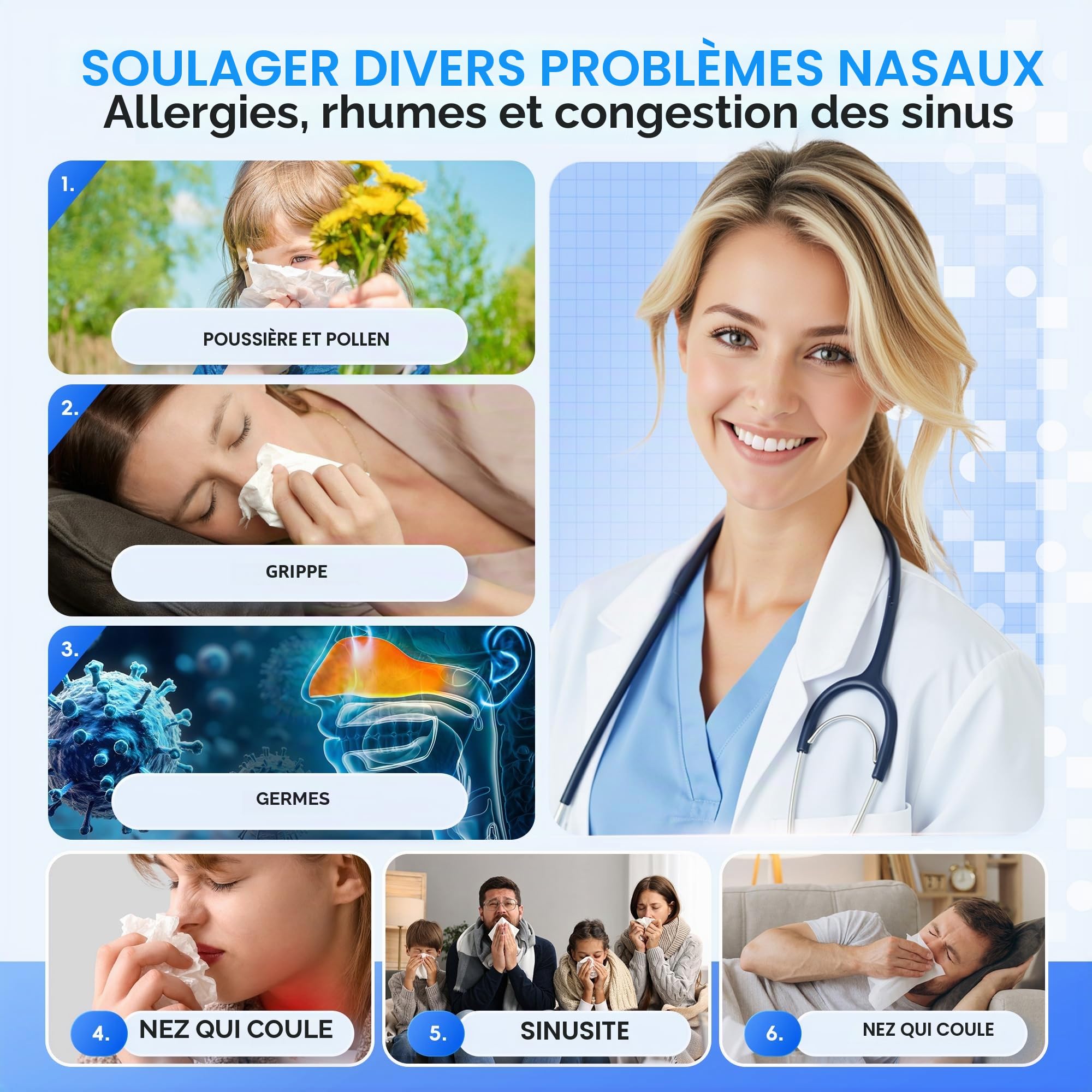 Système de Lavage Nasal Amélioré à Double Alimentation, Rince-Nasal Électrique, Soulagement des Sinus, Kit avec 30 Sachets de Solution Saline (Large)