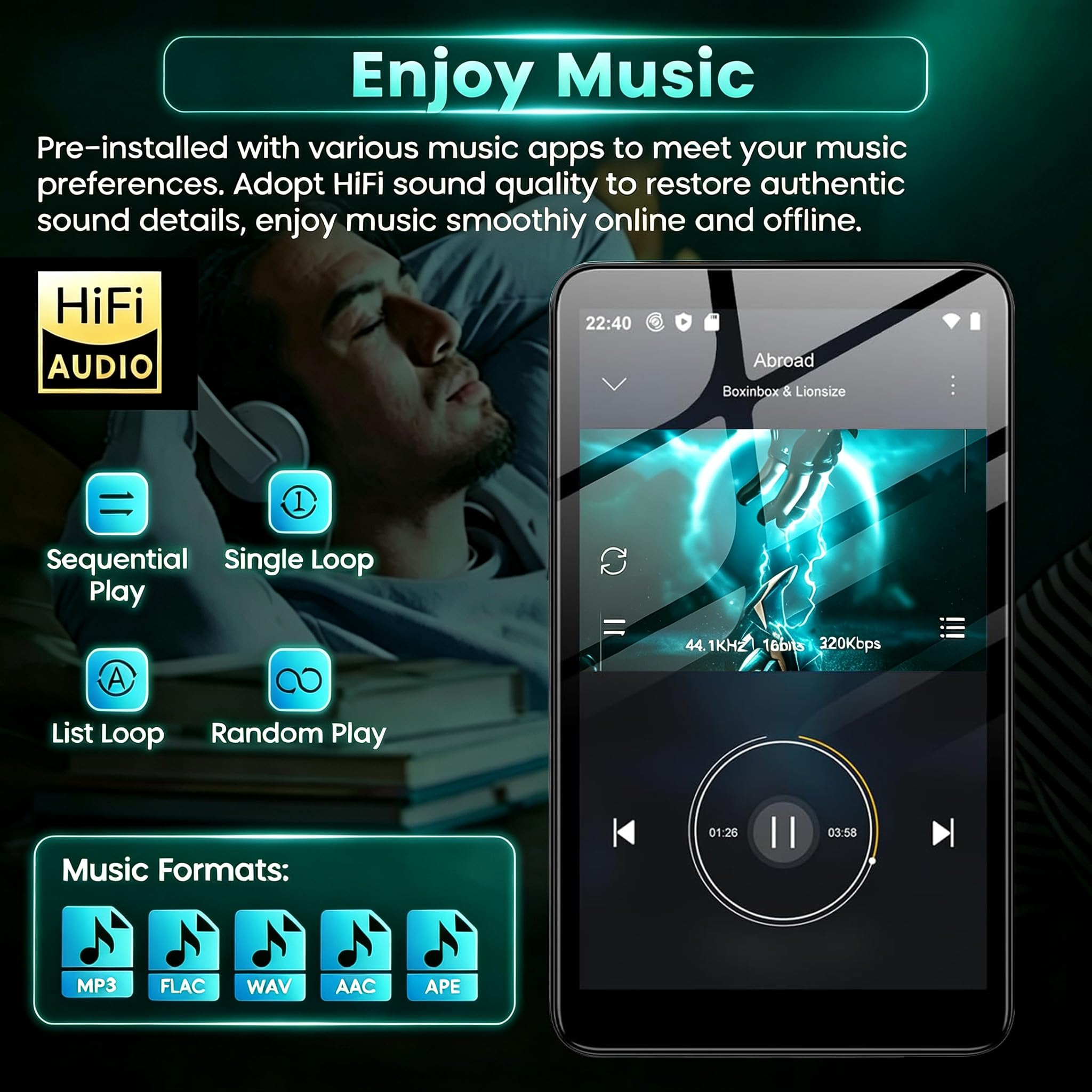 32 GB MP3 Player mit Bluetooth und WLAN, Diofox M9 MP3 MP4 Player mit Android 13, Amazon Music, Deezer, Audible, E-Books, 4,02 Zoll Touchscreen, Tragbarer HiFi Musikplayer Spotify – Schwarz