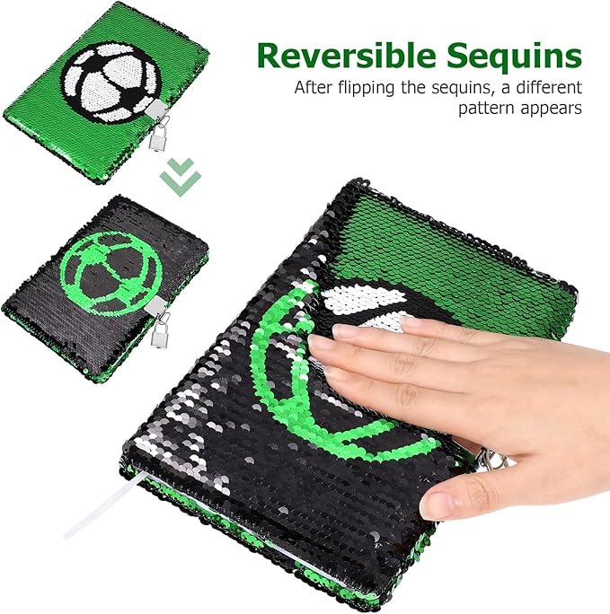 Diario infantil con candado IMIKEYA de fútbol, libreta reversible con brillos miniatura 5