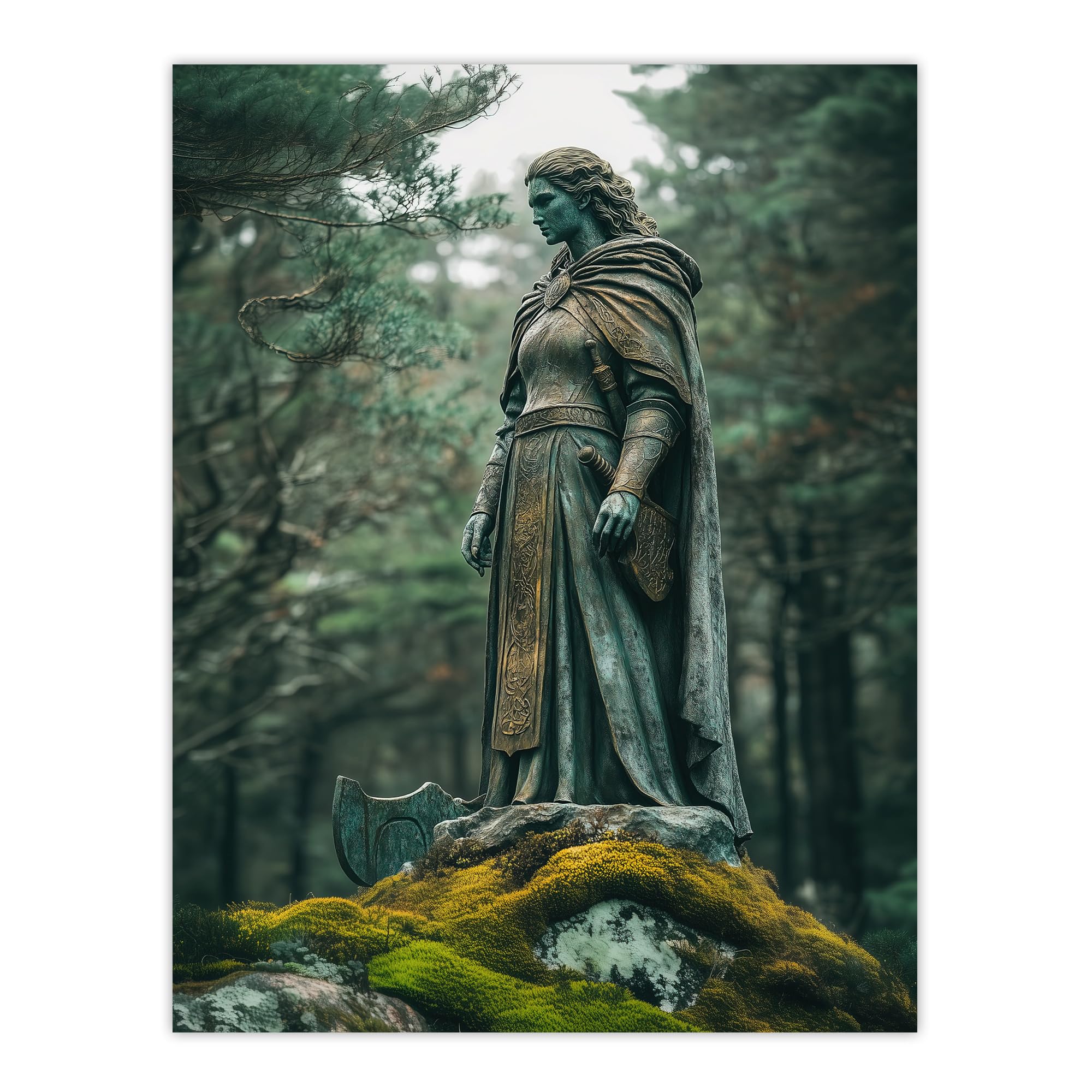 Artery8 Viking Shield Maiden Warrior Statue in Forest Living Room Large Wall Art Poster Print Thick Paper 18X24 Inch