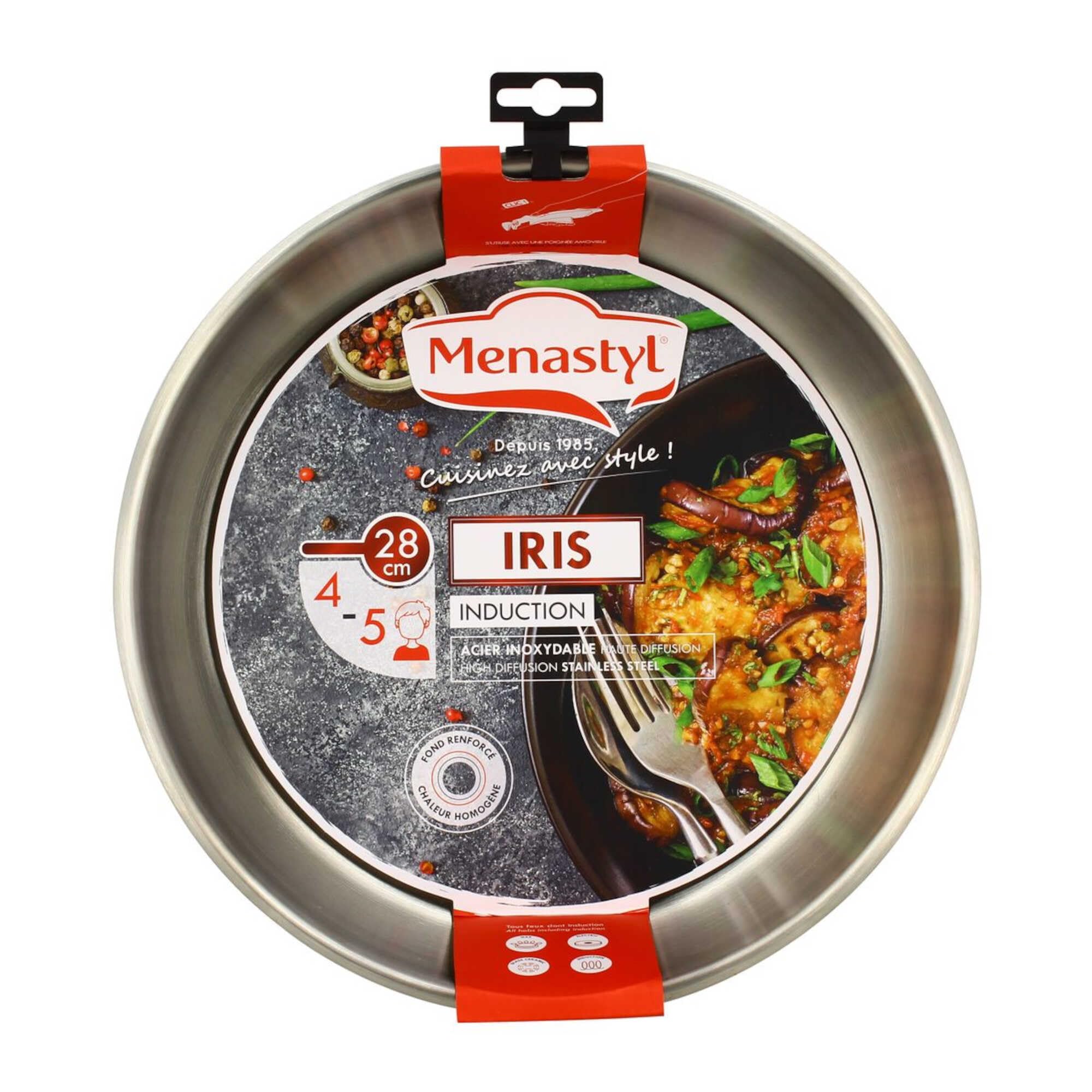 MENASTYL - Poêle inox 18/10 amovible 28 cm Iris Inox sans PFAS - Tous feux dont induction, four, réfrigérateur et lave-vaisselle - Empilables et résistantes - Acier inoxydable