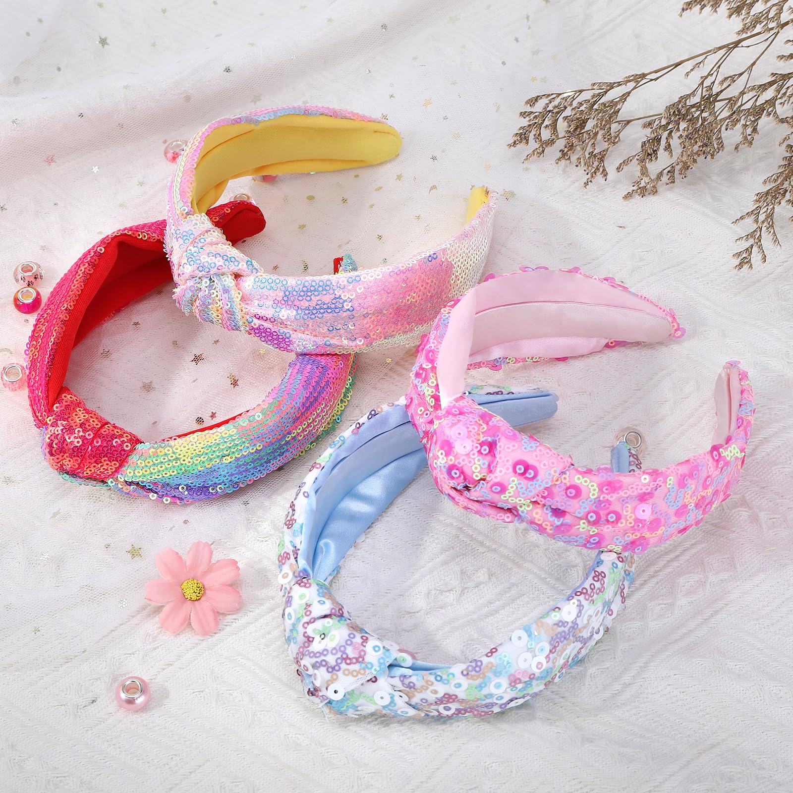 Diadema anudada de lentejuelas arcoíris con 4 piezas de accesorios brillantes para el cabello para niñas y mujeres, tocados cómodos con lentejuelas iridiscentes, diademas iridiscentes a la moda con