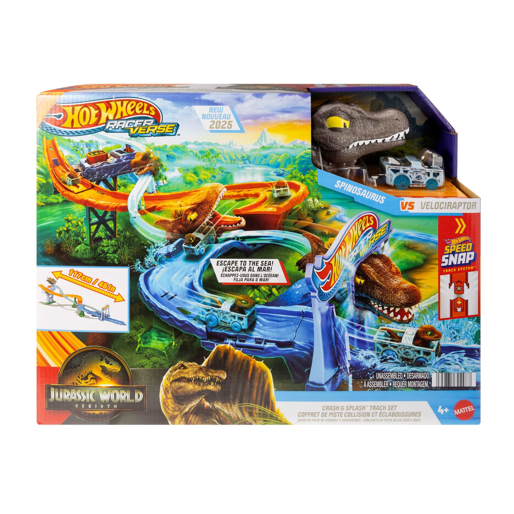 Hot Wheels RacerVerse Jurassic World Pista Scontri e Tuffi, playset con veicolo velociraptor die-cast, gara di dinosauri con spinosauro, JFP32