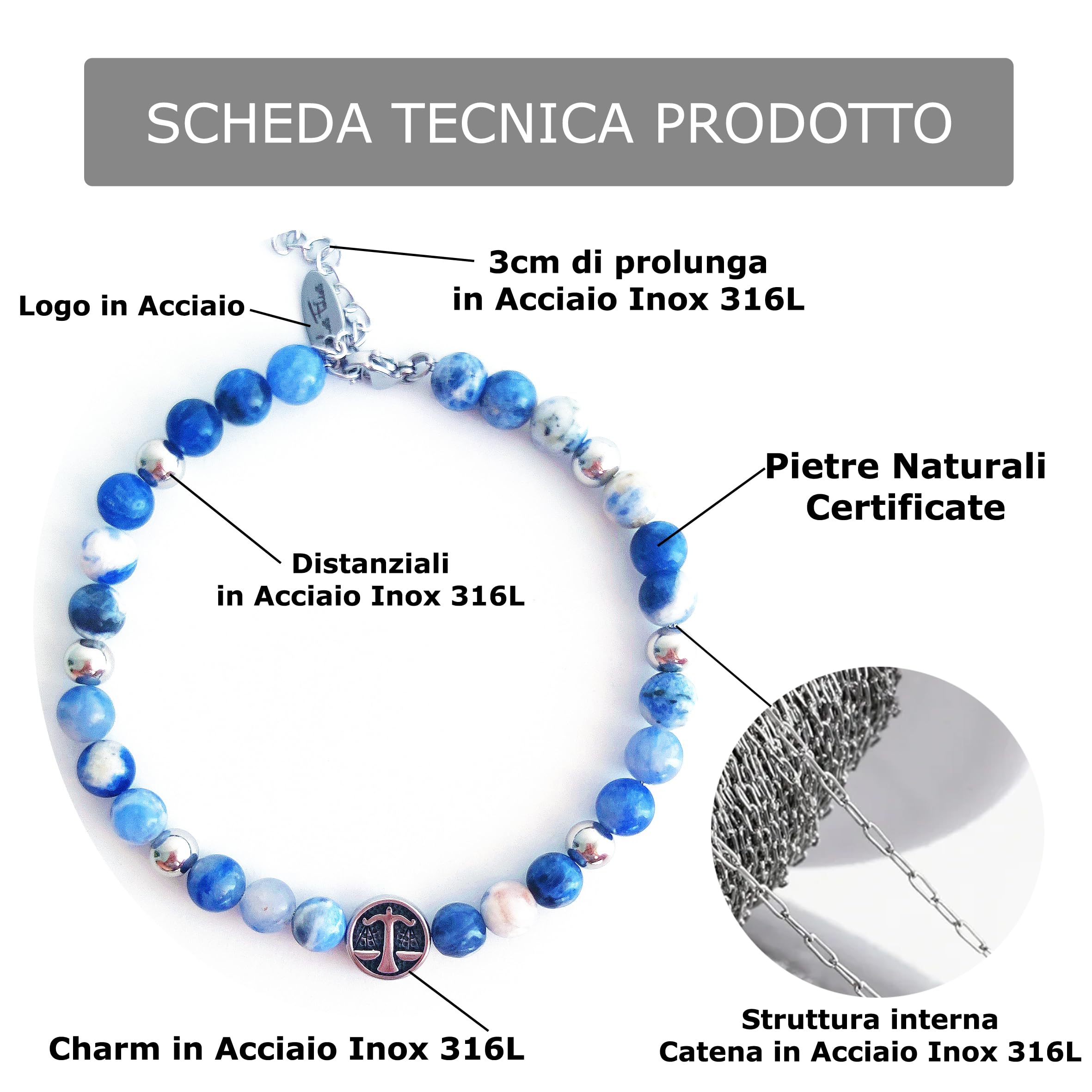 Bracciale, Cavigliera, Collana "Zebra" in Pietra Naturale e Acciaio Inox - Les Folies