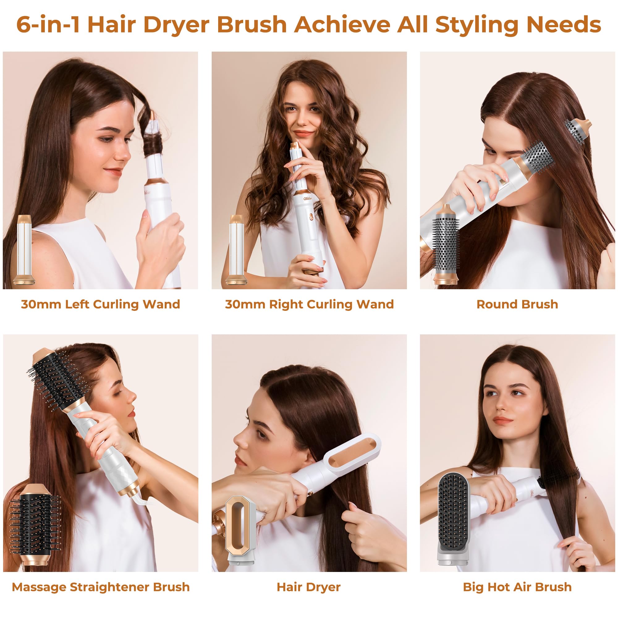 Airstyler 6 in 1 Luft-Lockenstab 1000W Ionen Haartrockner Hairstyler Warmluftbürste Rundbürstenföhn Lockenbürste Glättbürste Haarföhn Stylingbürsten Set Weiß