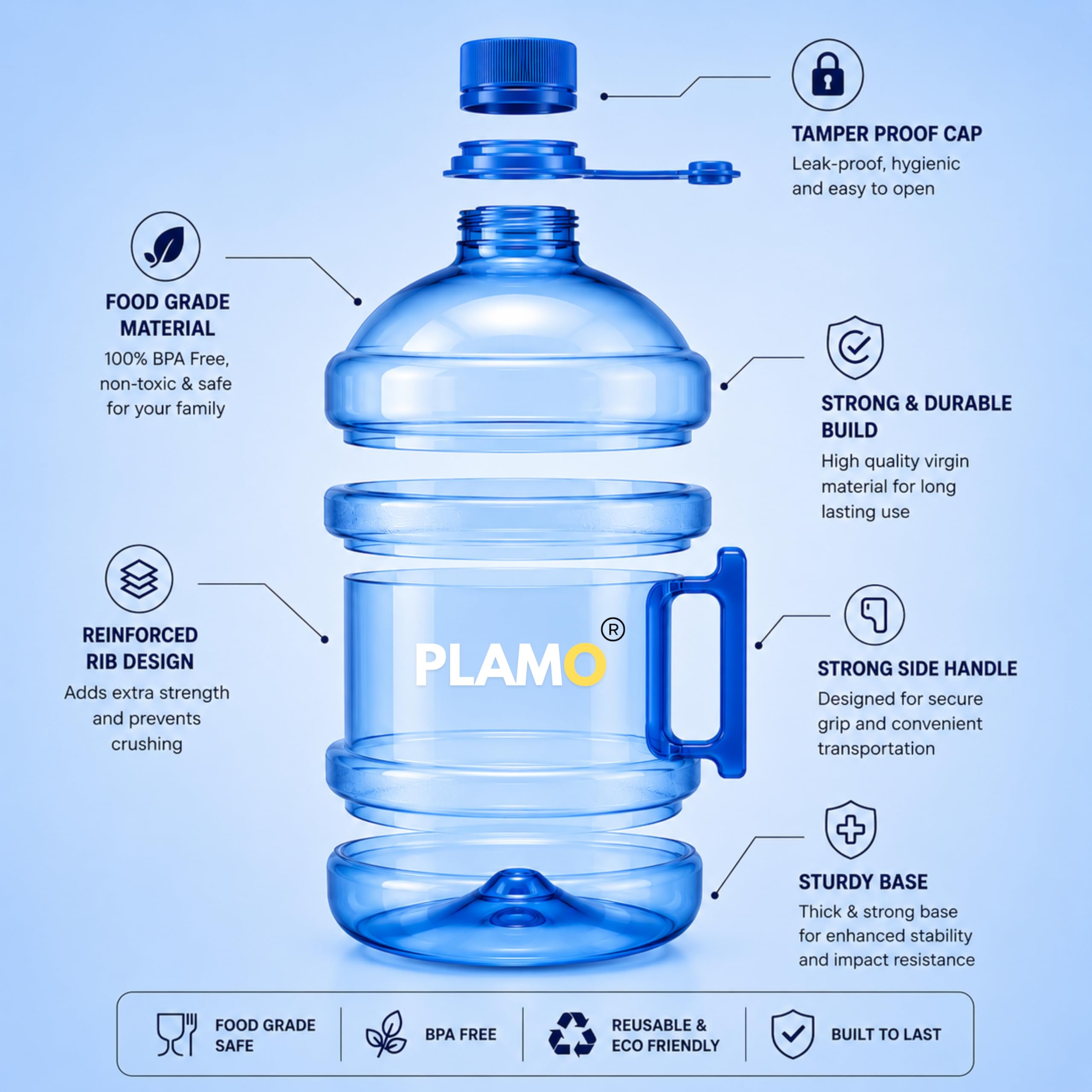 PLAMO 10L Water Bottle - Blue, Leak-Proof & BPA Free -5