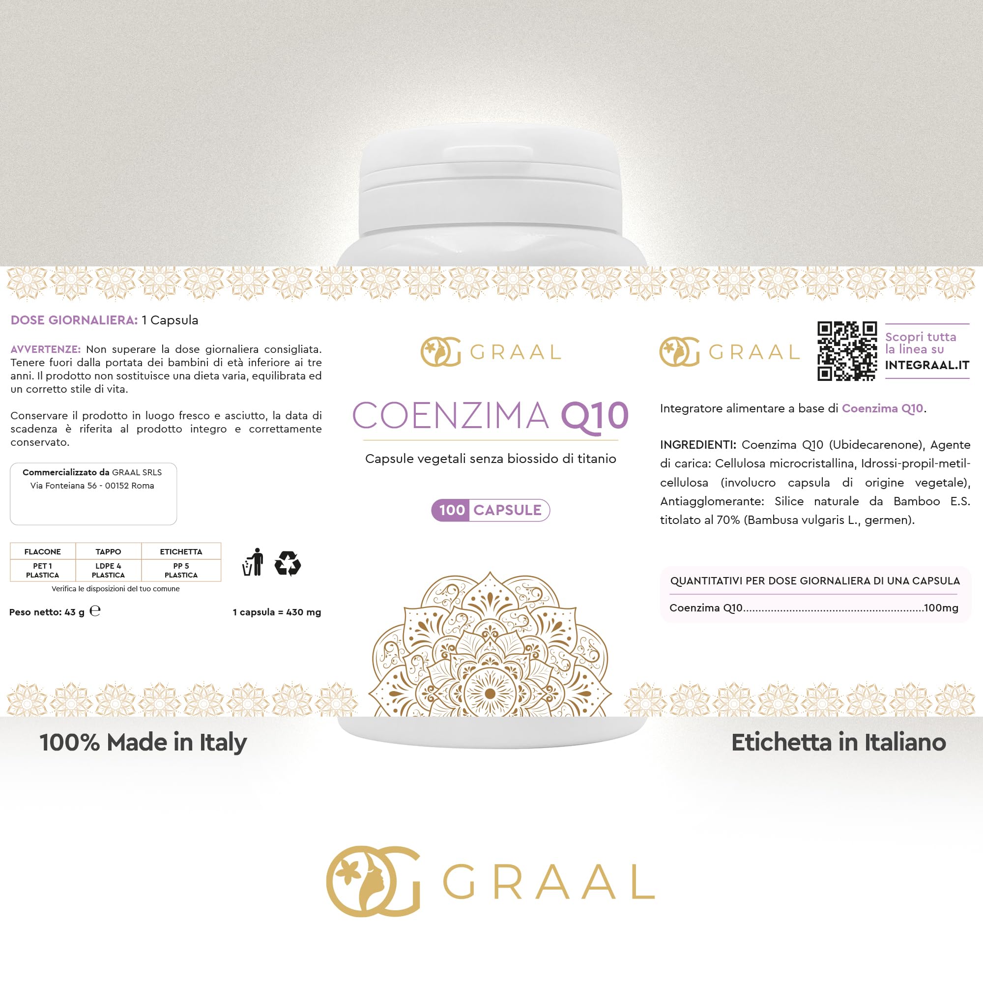 Graal Coenzima Q10 Migliore - Ubidecarenone (forma ossidata dell'Ubiquinolo) Naturale per Energia Cellulare, Azione Antiossidante, Contro l'Invecchiamento Cellulare e lo Stress Ossidativo