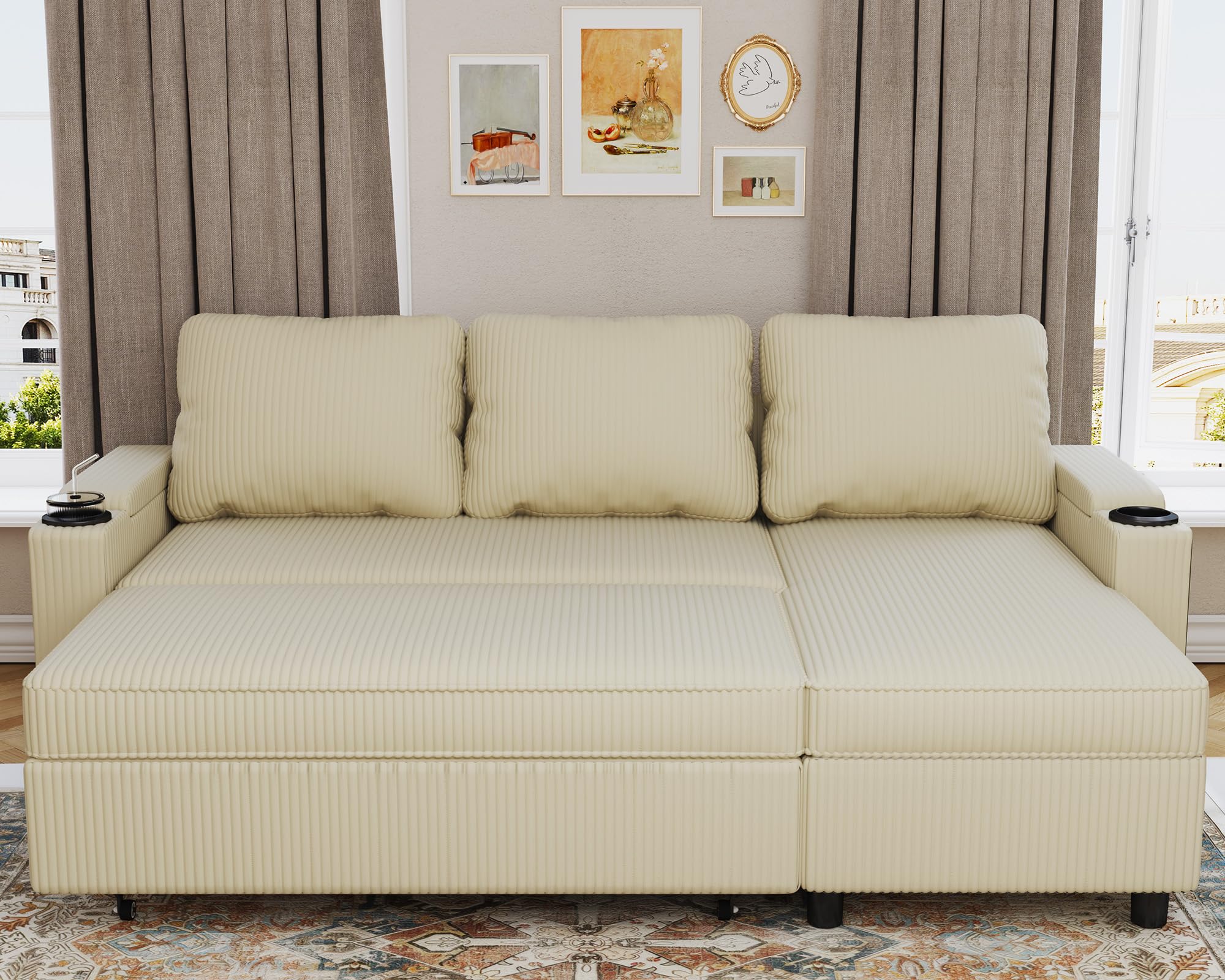Devoko Canape Dangle Convertible, Canapé Convertible avec Rangement et Méridienne Réversible, Multifonctionnel Canape 3 Places Canapé Lit avec Accoudoirs pour Salon et Petit Appartement,Beige