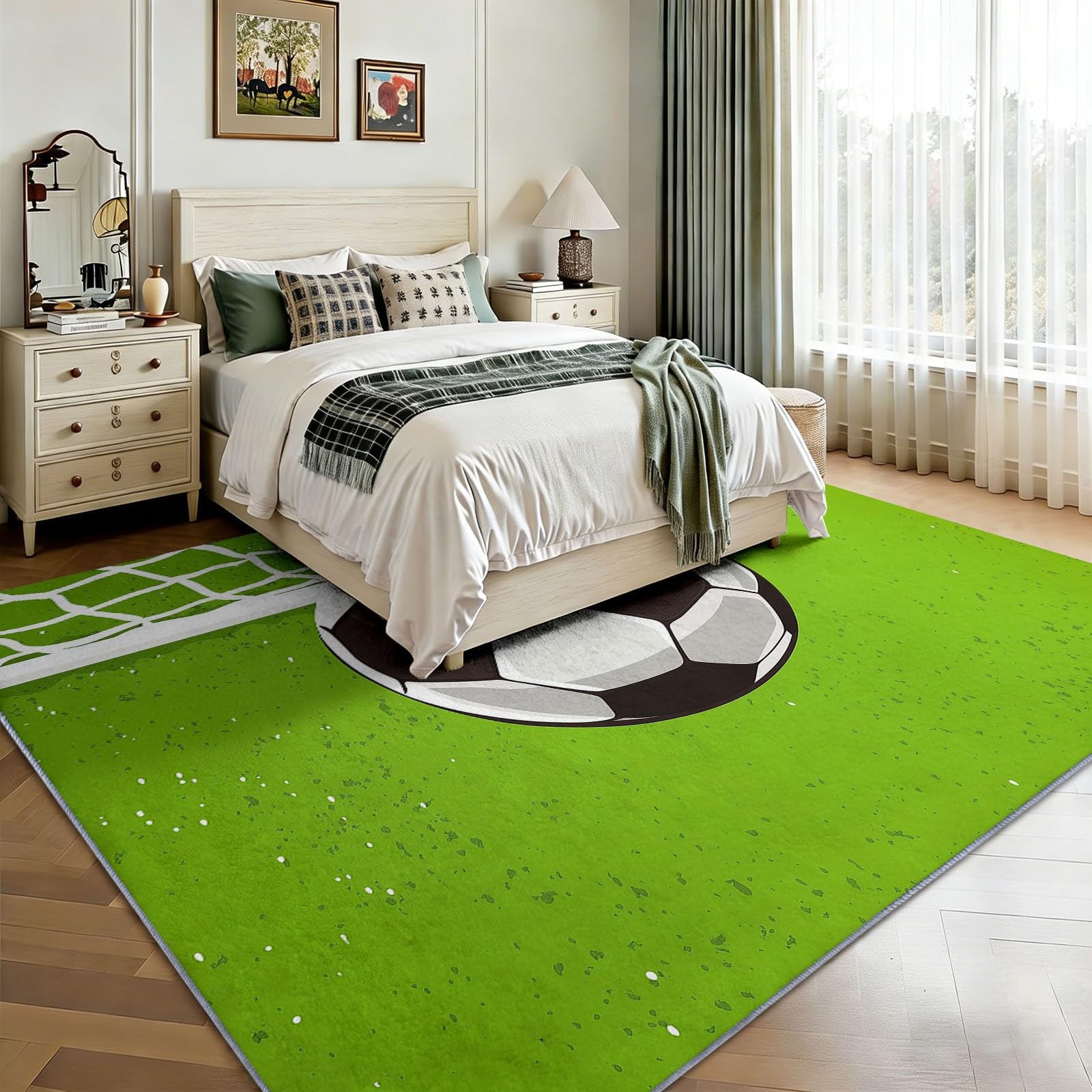 Générique Tapis Intérieur Dessin Traditionnel À La Main Lavable en Machine, Tapis Salon Minimalisme Vert Sauge Sports Football Antidérapant Grand pour Salle à Manger, Chambre à Coucher, 160 x 230 cm