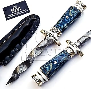 10.5" Hand-made Damascus Steel blade Collectible Kris Handle Blue Pakka Wood with brass clip or brass pommel - NoonKnives