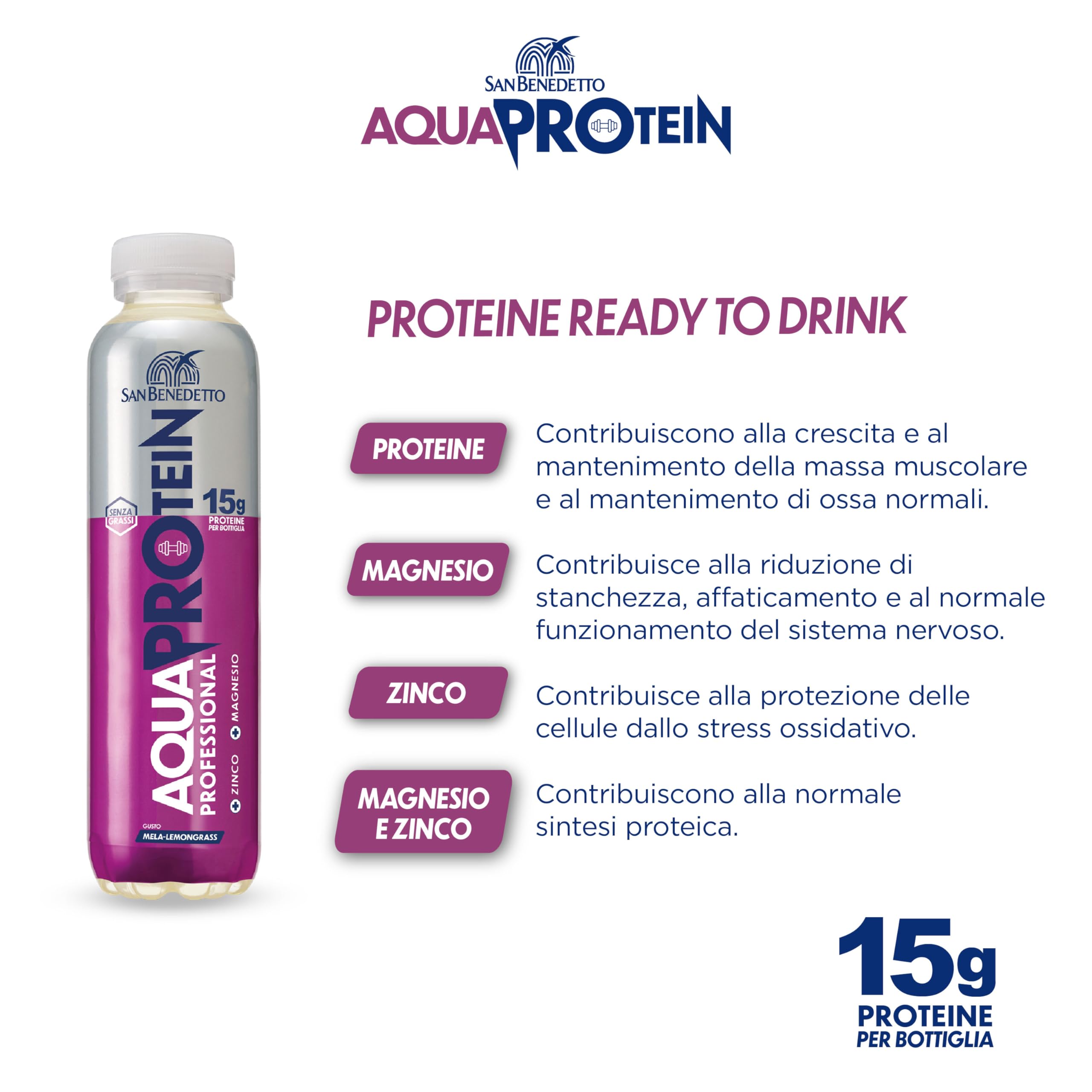 San Benedetto Aquaprotein, Bevanda con alto contenuto di proteine in Acqua Minerale, più Zinco e Magnesio, Proteine Ready to Drink, 12x400ml