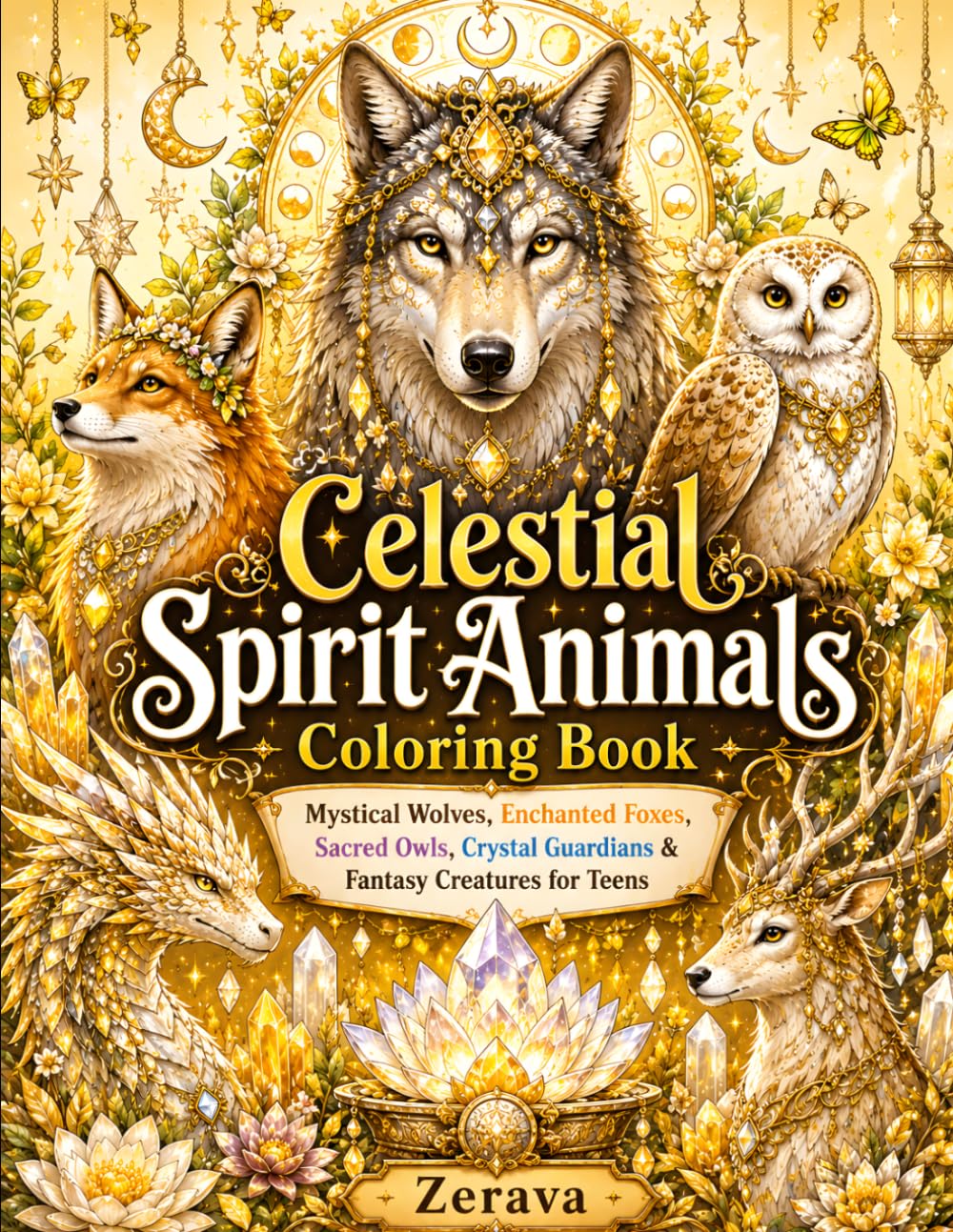Celestial Spirit Animals Coloring Book: Mystical Wolves, Enchanted Foxes, Sacred Owls, Crystal Guardians & Fantasy Creatures for Teens