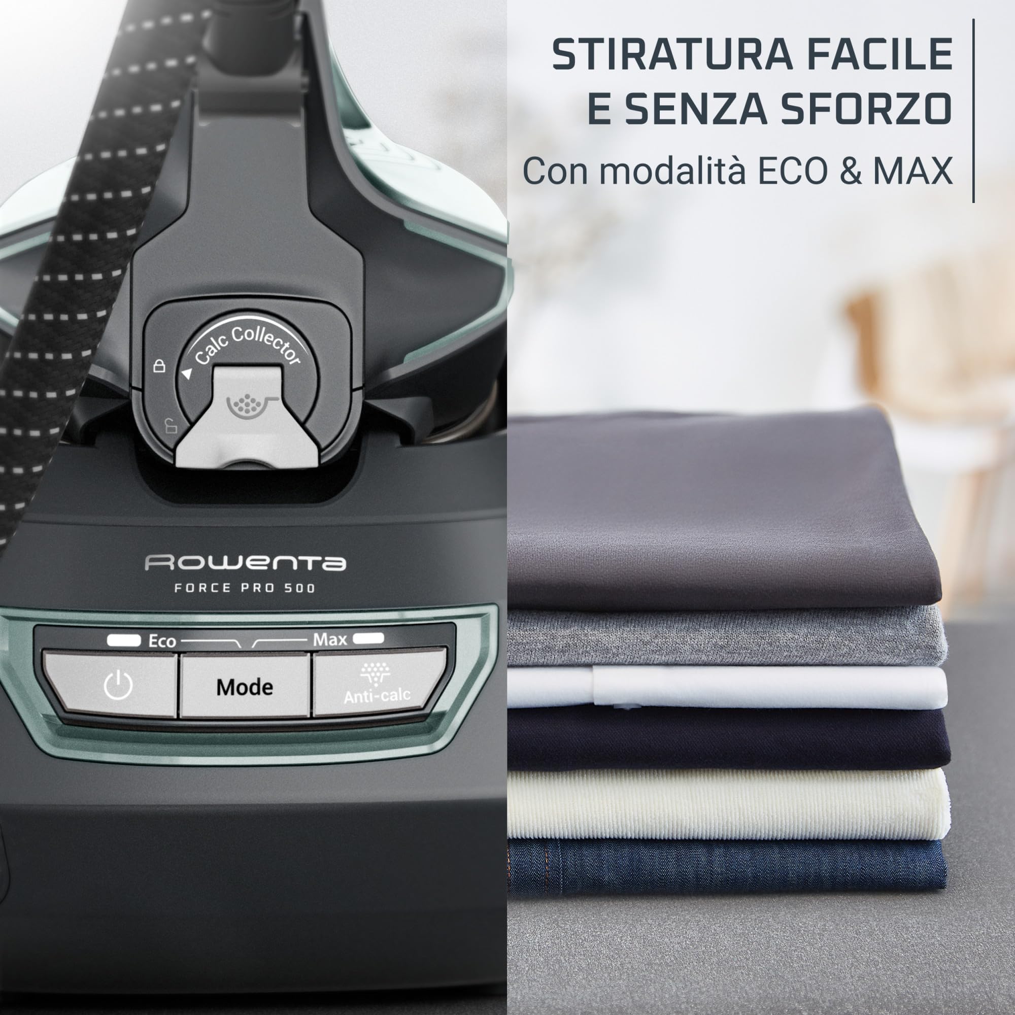 Rowenta Force Pro 500, Generatore di Vapore Potente, Risparmio Energetico, con Modalità ECO e MAX e Tecnologia Quicksteam, Design Compatto, Colore Verde Eucalipto e Nero, VR9042