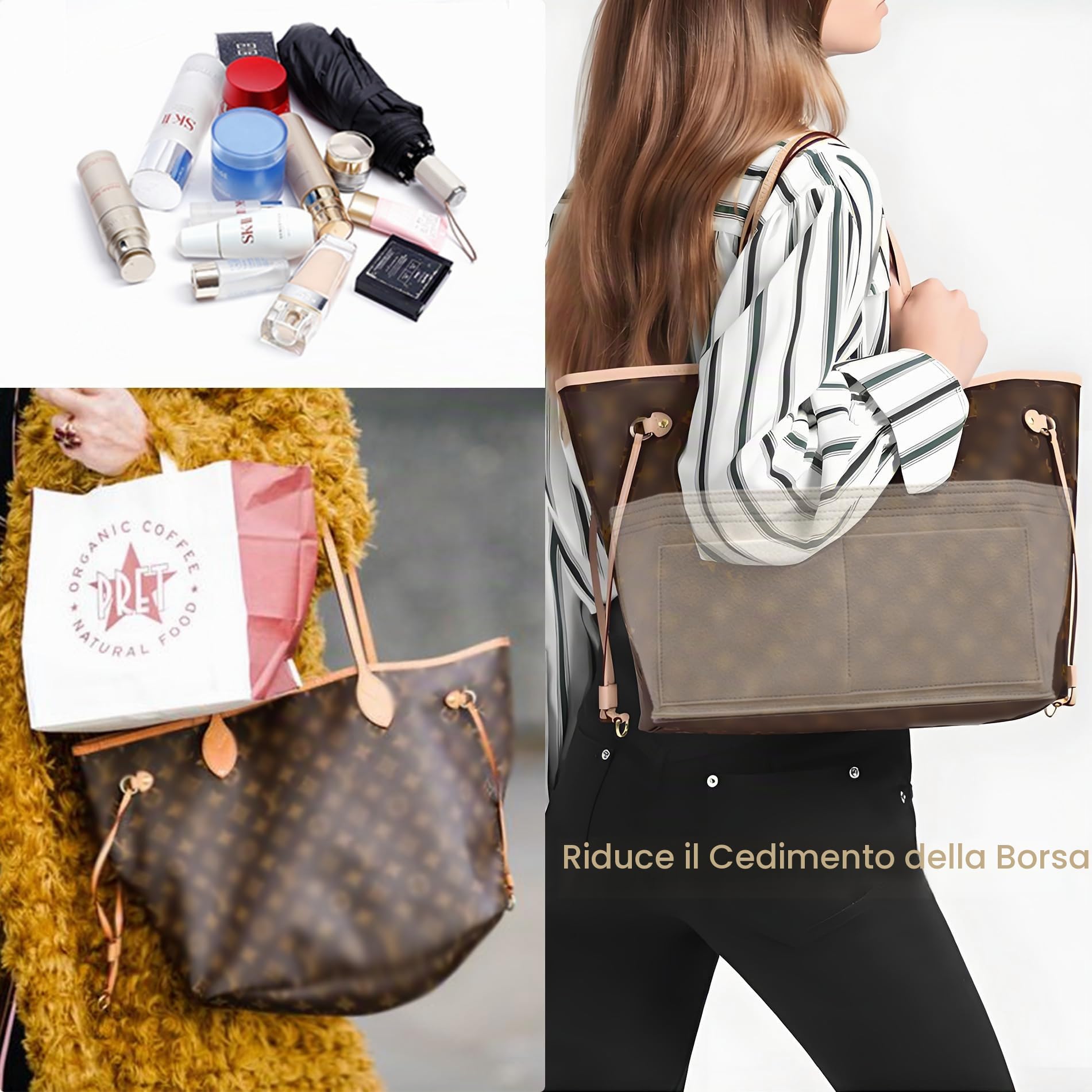 Doxo, Set di 2 organizer per borse e base sagomata, organizer in feltro con cerniera, misura L, 7 misure, adatto per Speedy, Neverfull MM/City33 e altre (combinazione beige, L)