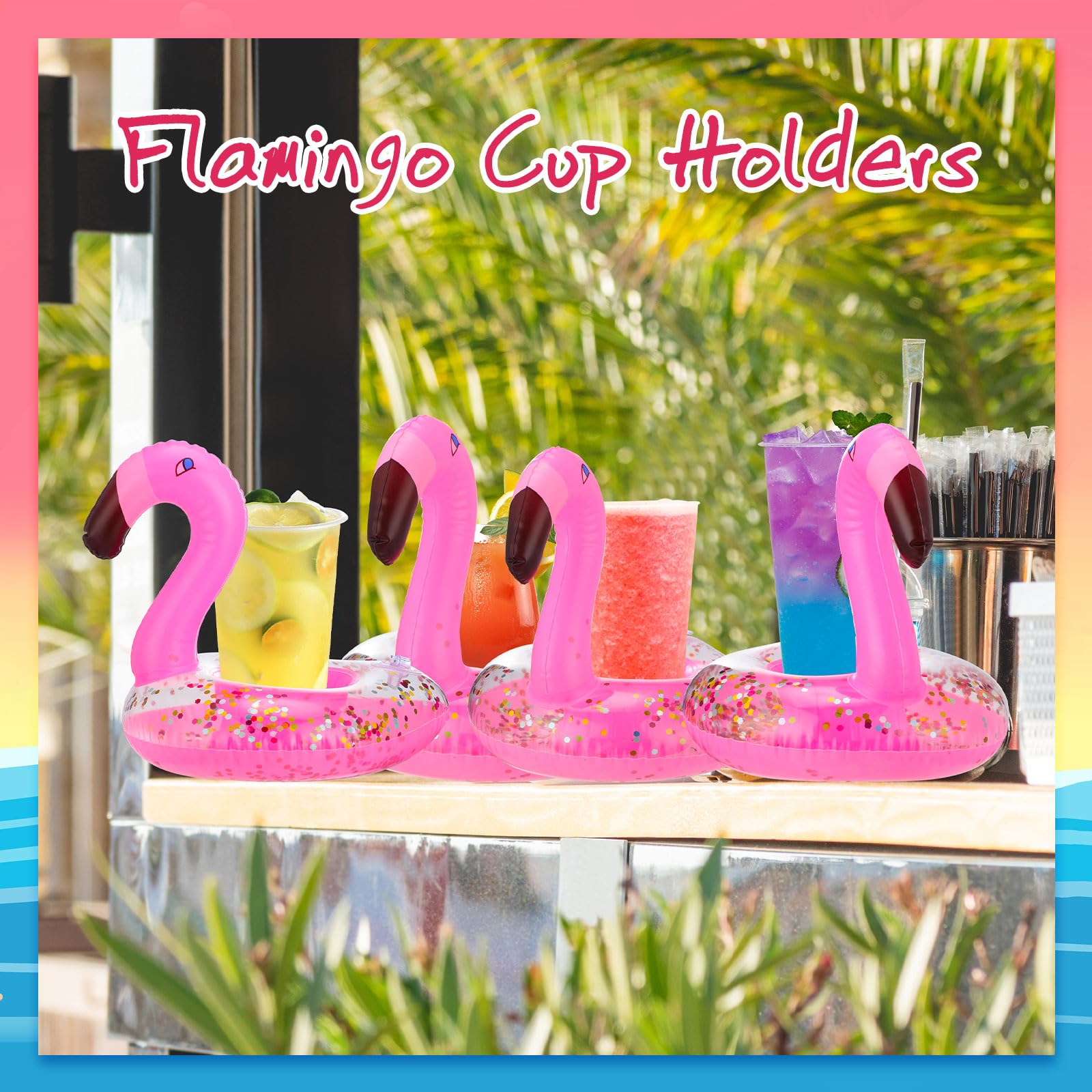 Meanplan Portavasos inflables para bebidas de flamenco, mini flotadores flotantes para bebidas, soporte flotante para bebidas, posavasos con un cilindro de bomba para baño, piscina