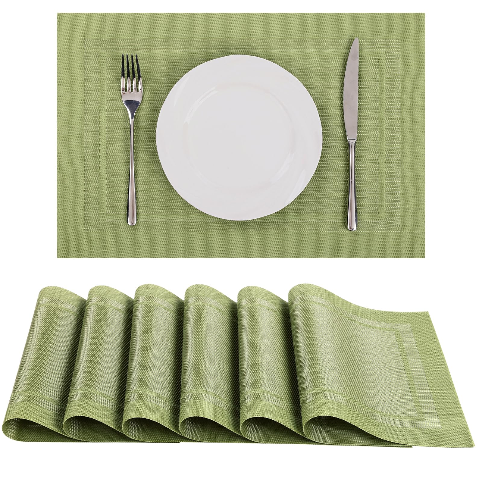 SHACOS Woven Vinyl Placemats Set of 6 Wipe Clean Place Mats for Dining Table Heat Resistant PVC Weave Table Mats Indoor Outdoor (6, Frame Olive Green)