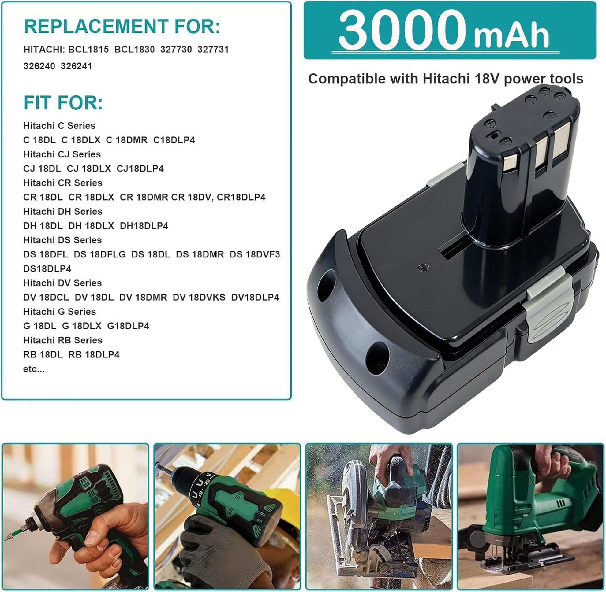 2X 18V 3000mAh Akku Kompatibel mit Hitachi 18V BCL1830 BCL1815 BCL1820 BCL1825 BCL1840,CJ 18DL, CR 18DL, DH 18DL, DS 18DFL, DS 18DL, DV 18DL, G 18DLX, RB 18DL, WH 18DL, C6DC C6DD C18DL C18DLX