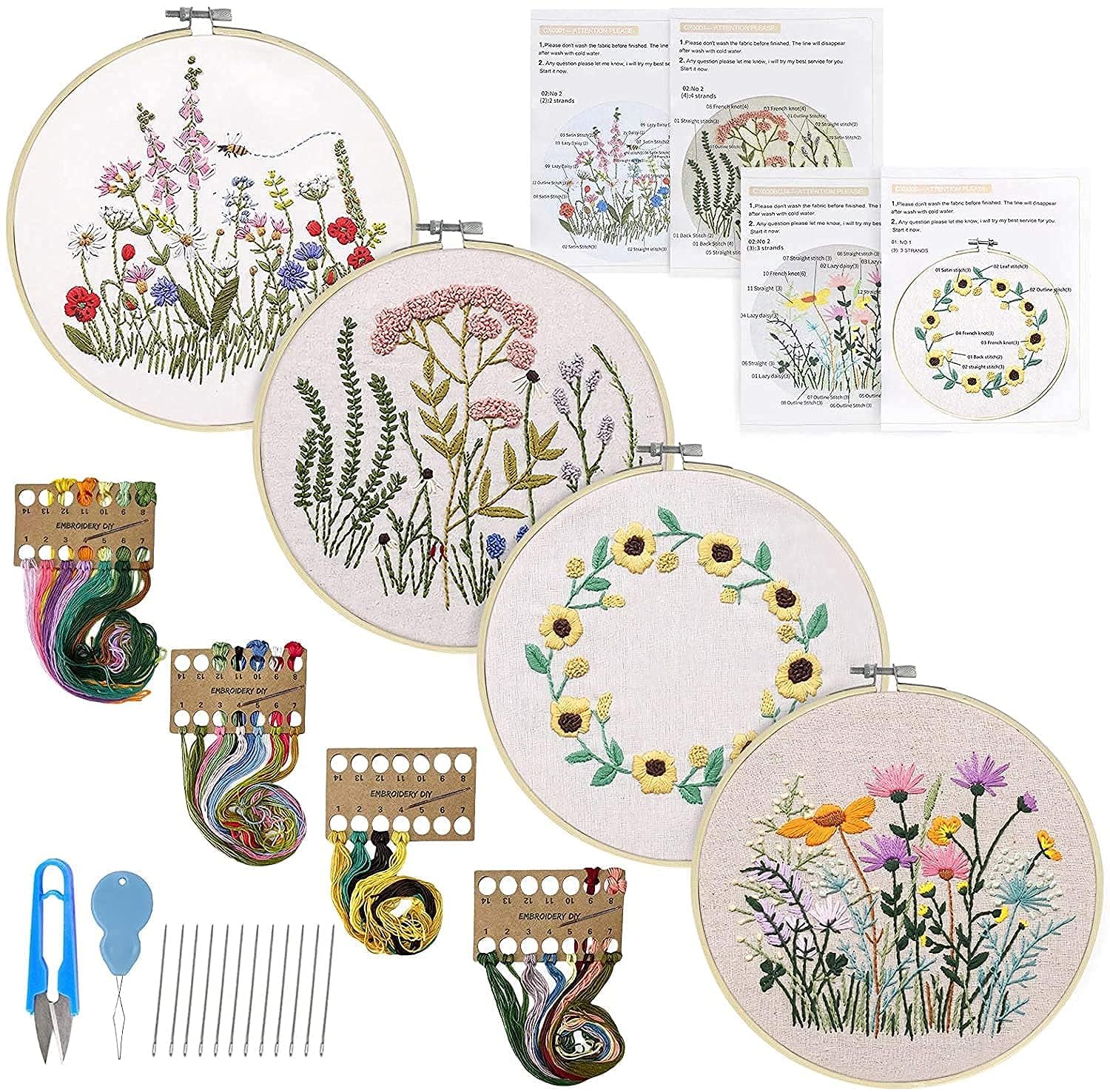 DELFINO 4 Pack Embroidery Kits Including Embroidery Hoop, Color Threads, Instructions and Embroidery Scissors for Beginners-Handmade Needlepoint Kits for Adults Kids