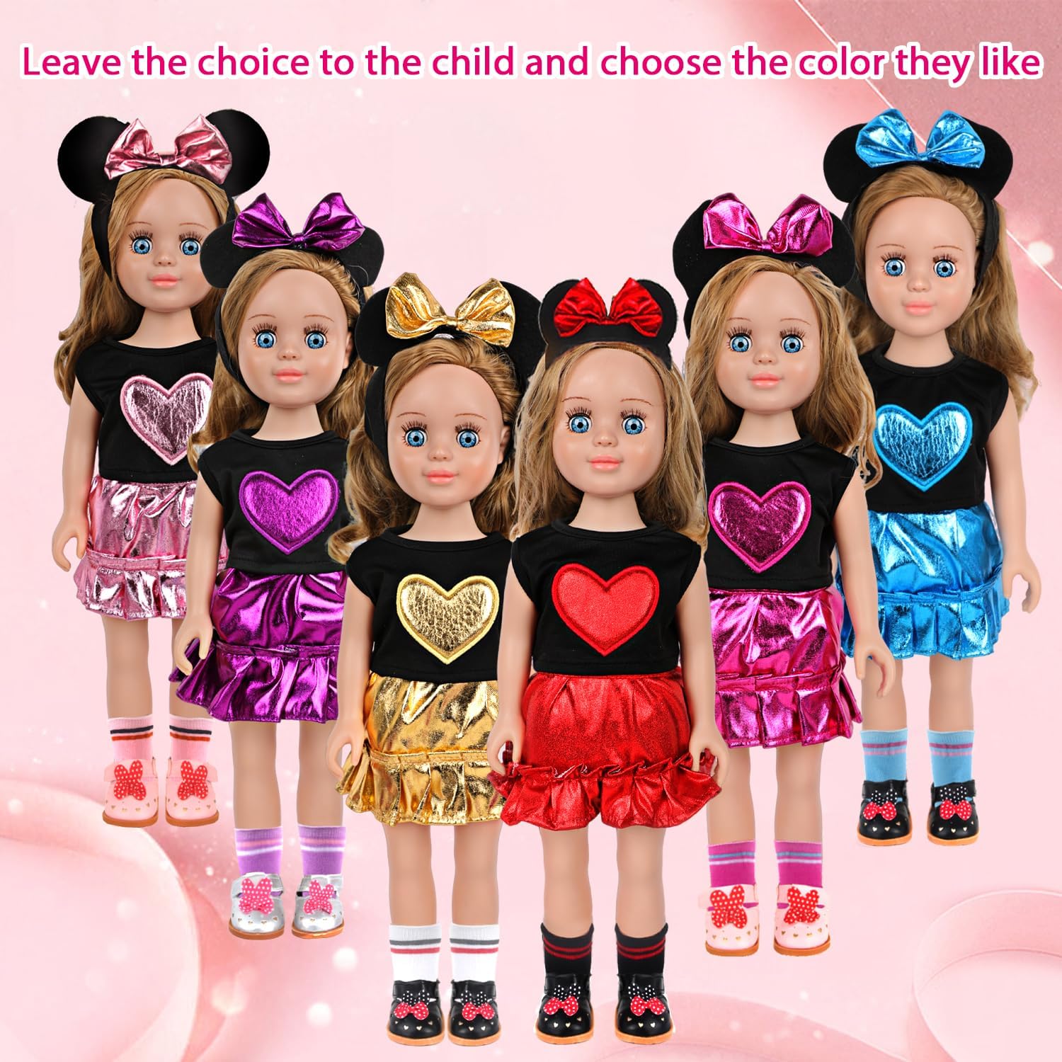 MSYO 17-18 Inch Blue Doll Clothes 7Pcs Set, Cool Neutral Fresh Doll Dress Up Outfit with Headband Top Skirt Socks Shoes Glasses Necklace, Unique Unisex Doll Gift for Kids